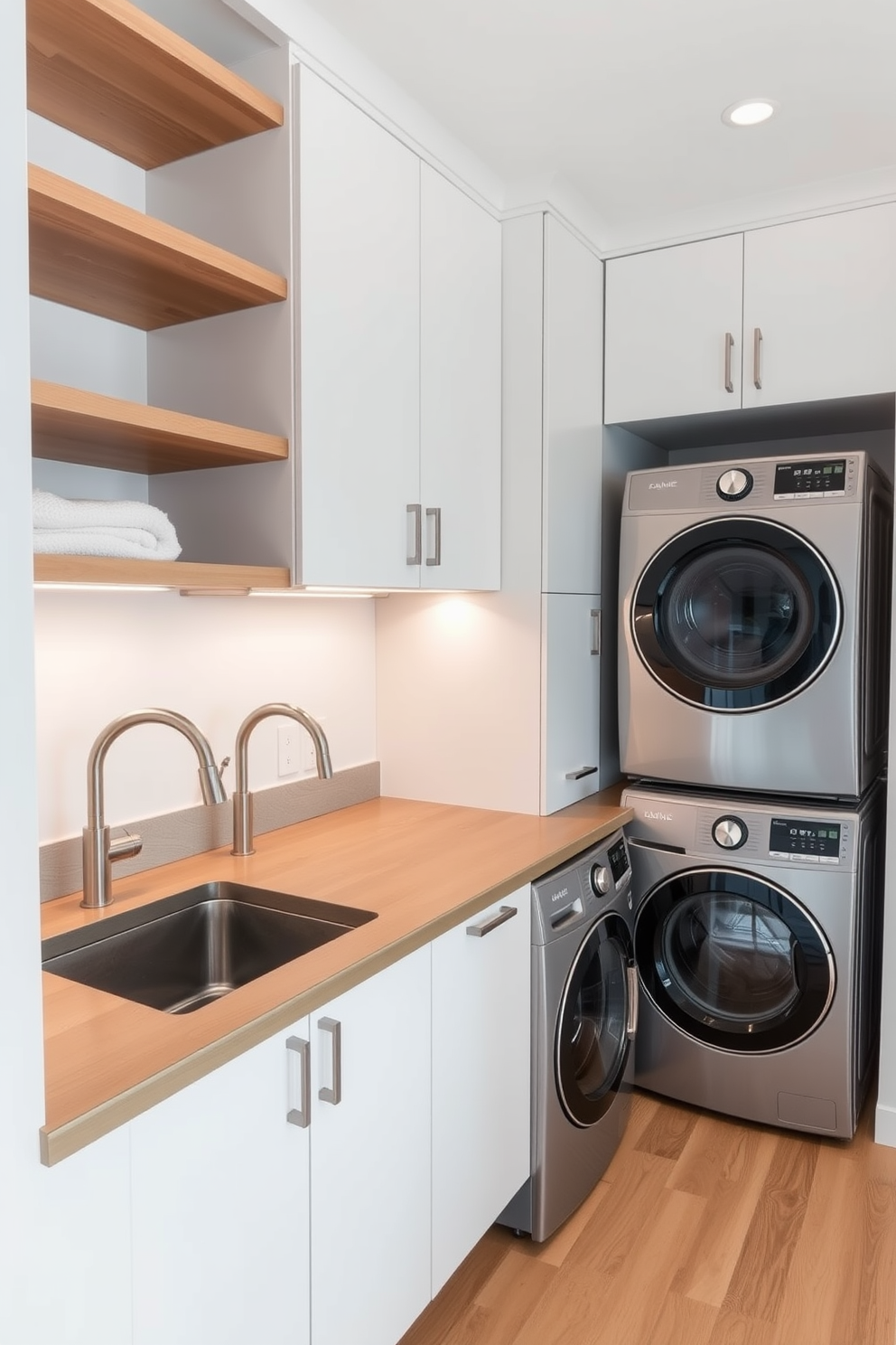 A multifunctional laundry room features a sleek sink area designed for convenience. The stacked washer and dryer are seamlessly integrated into cabinetry, maximizing space while maintaining a clean aesthetic. The sink area includes a modern faucet and a spacious countertop for folding laundry. Bright white walls contrast with warm wooden shelves, creating an inviting and practical environment.