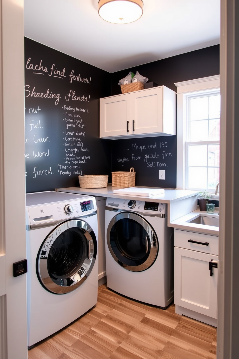 A stylish laundry room featuring a chalkboard wall that serves as a functional and fun space for notes and reminders. The room is brightened by natural light streaming in through a large window, creating an inviting atmosphere. Incorporating a stacked washer and dryer setup allows for efficient use of space. The cabinetry above provides ample storage for laundry essentials, while a sleek countertop offers a convenient folding area.