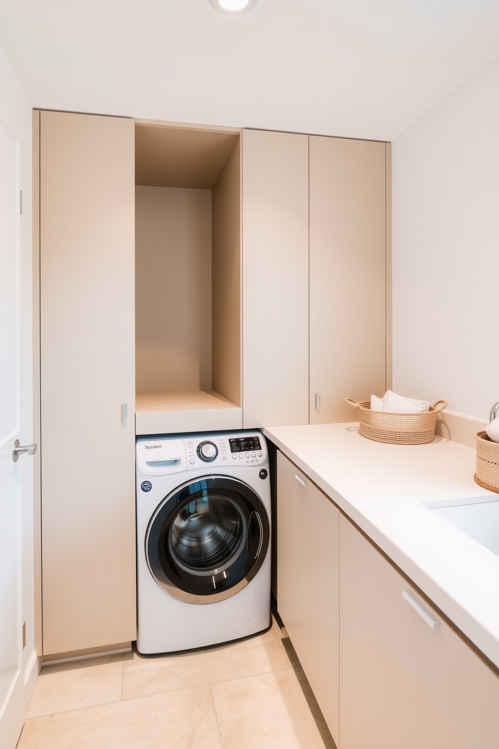 A modern laundry room featuring stacked units beneath a sleek countertop extension. The stacked washer and dryer are seamlessly integrated, with a minimalist design that emphasizes functionality and style. The countertop extension provides ample space for folding clothes and organizing laundry supplies. Soft lighting illuminates the room, enhancing the contemporary feel with neutral tones and stylish storage solutions.