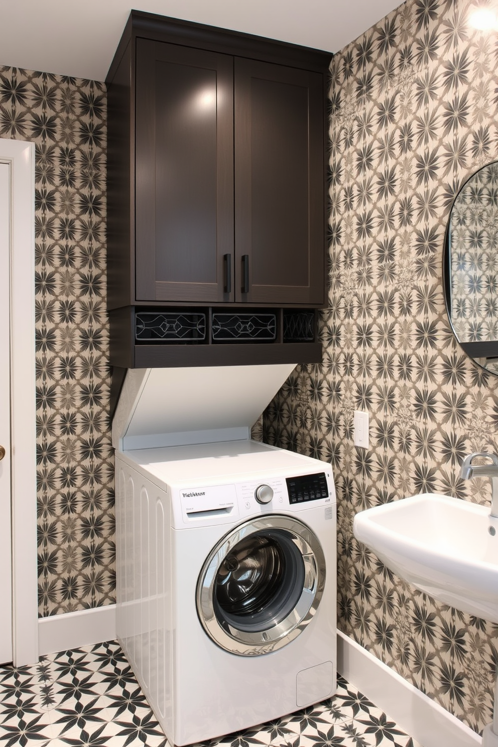 A laundry room featuring bold patterned tiles that create a striking visual interest. The space includes a stacked washer and dryer for optimal efficiency, with sleek cabinetry above for storage.