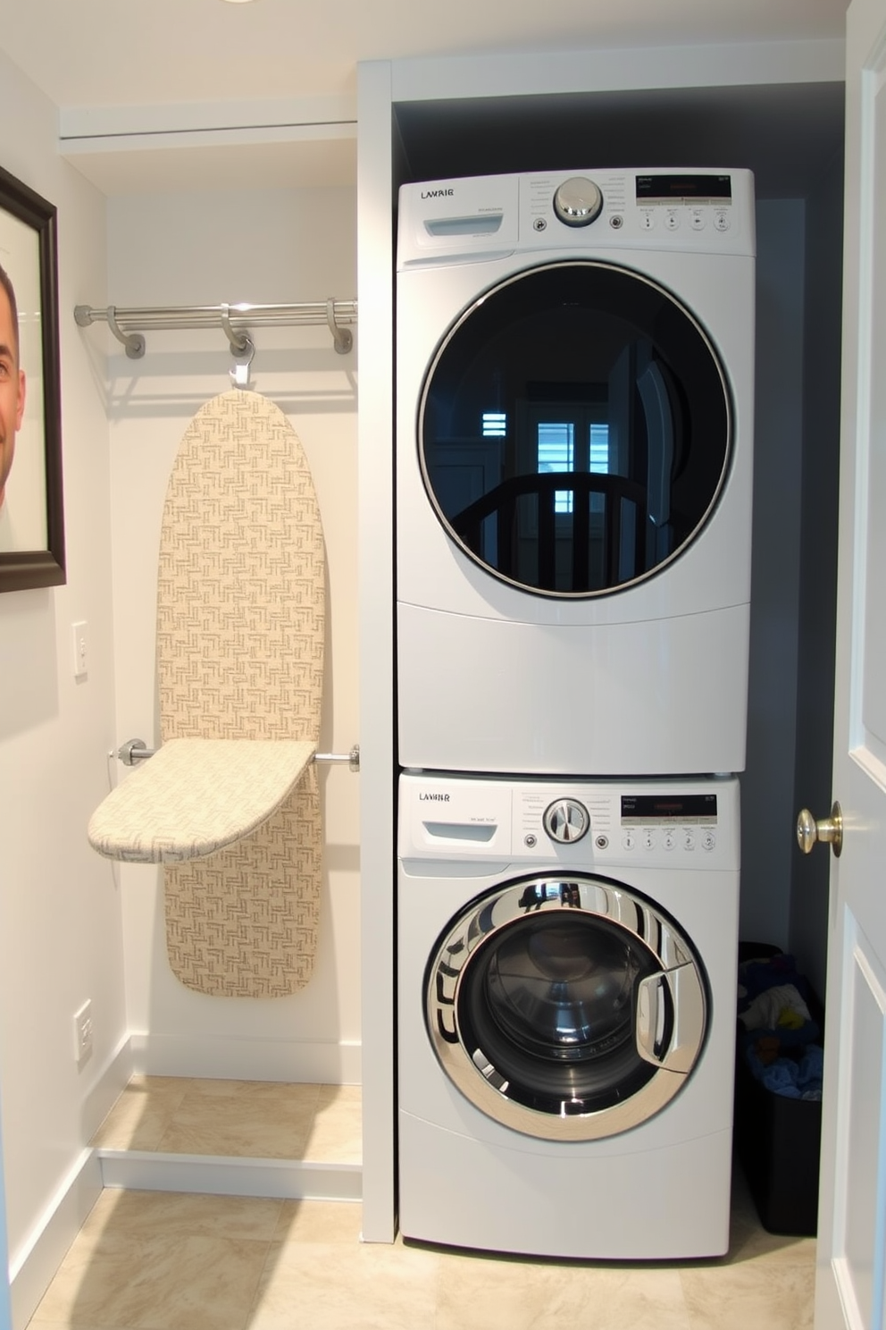 A functional laundry room featuring a built-in ironing board for efficiency. The space includes a stacked washer and dryer, maximizing vertical storage while maintaining a sleek appearance.