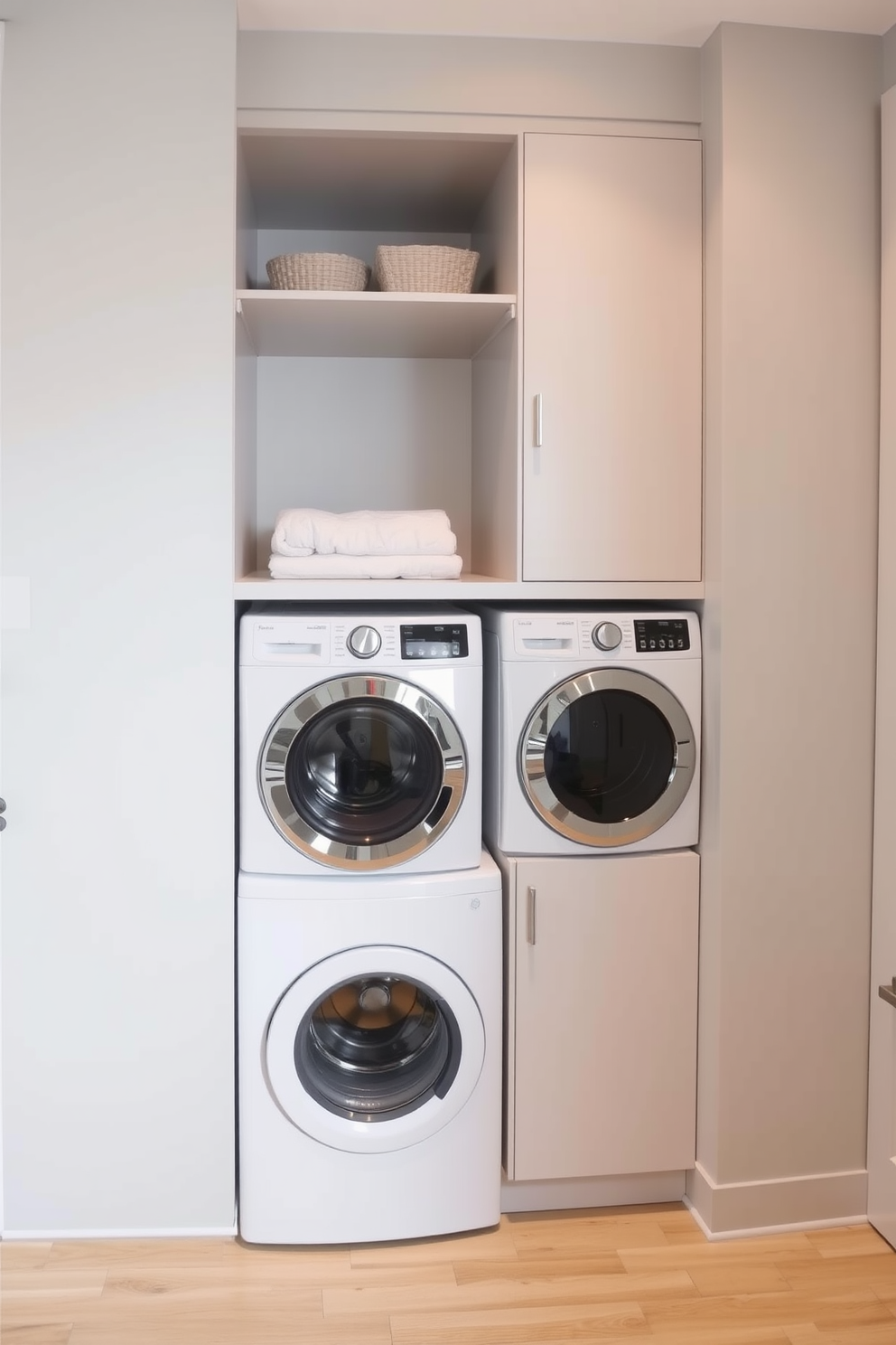 A modern laundry room featuring smart technology for convenience. The space includes a stacked washer and dryer seamlessly integrated into sleek cabinetry with touch controls. The walls are painted in a light gray hue, creating a clean and airy atmosphere. A countertop above the appliances provides ample space for folding clothes, complemented by organized storage shelves.