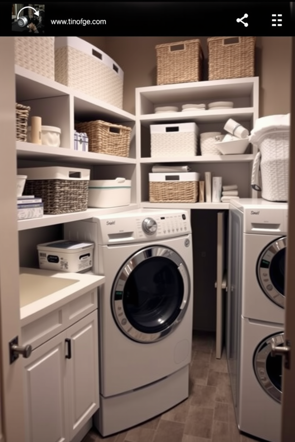 A functional laundry room featuring open shelving for easy access storage. The space includes a stacked washer and dryer, with stylish baskets and neatly organized supplies on the shelves.