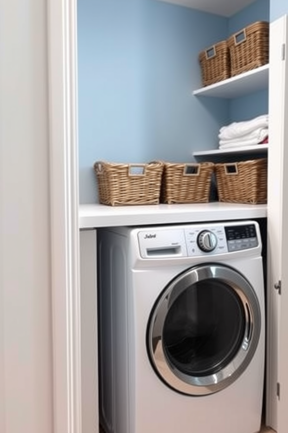 A functional laundry room featuring a stacked washer and dryer setup. There are woven baskets neatly arranged on shelves for organized storage, providing a clean and tidy appearance. The walls are painted in a soft blue hue, creating a calming atmosphere. A countertop above the washer and dryer offers additional space for folding clothes and sorting laundry.