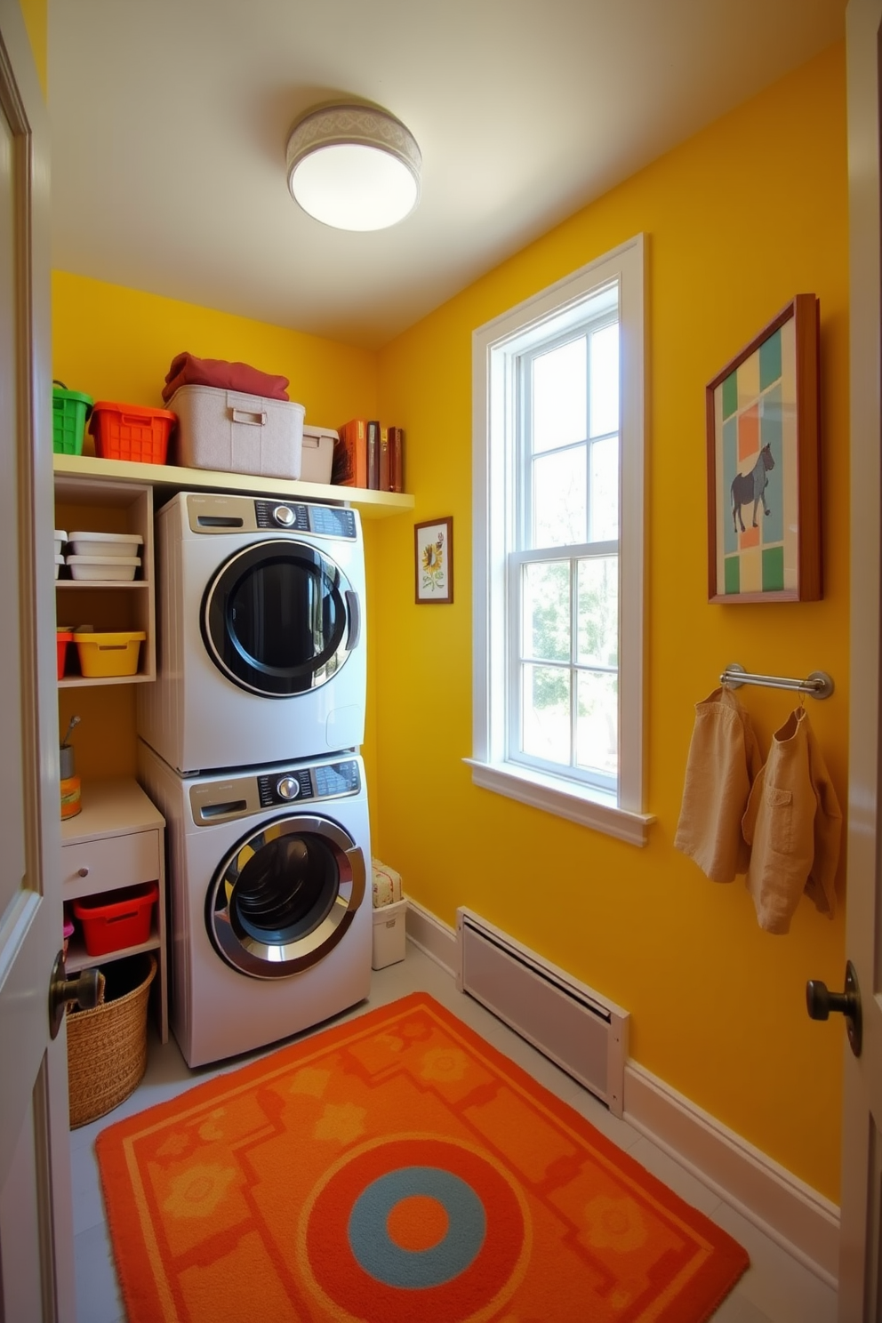 A bright and cheerful laundry room with walls painted in vibrant yellow. The space features a stacked washer and dryer, flanked by open shelving filled with colorful storage bins. A large window allows natural light to flood the room, enhancing the lively atmosphere. Decorative elements include a bright rug on the floor and cheerful artwork hanging on the walls.