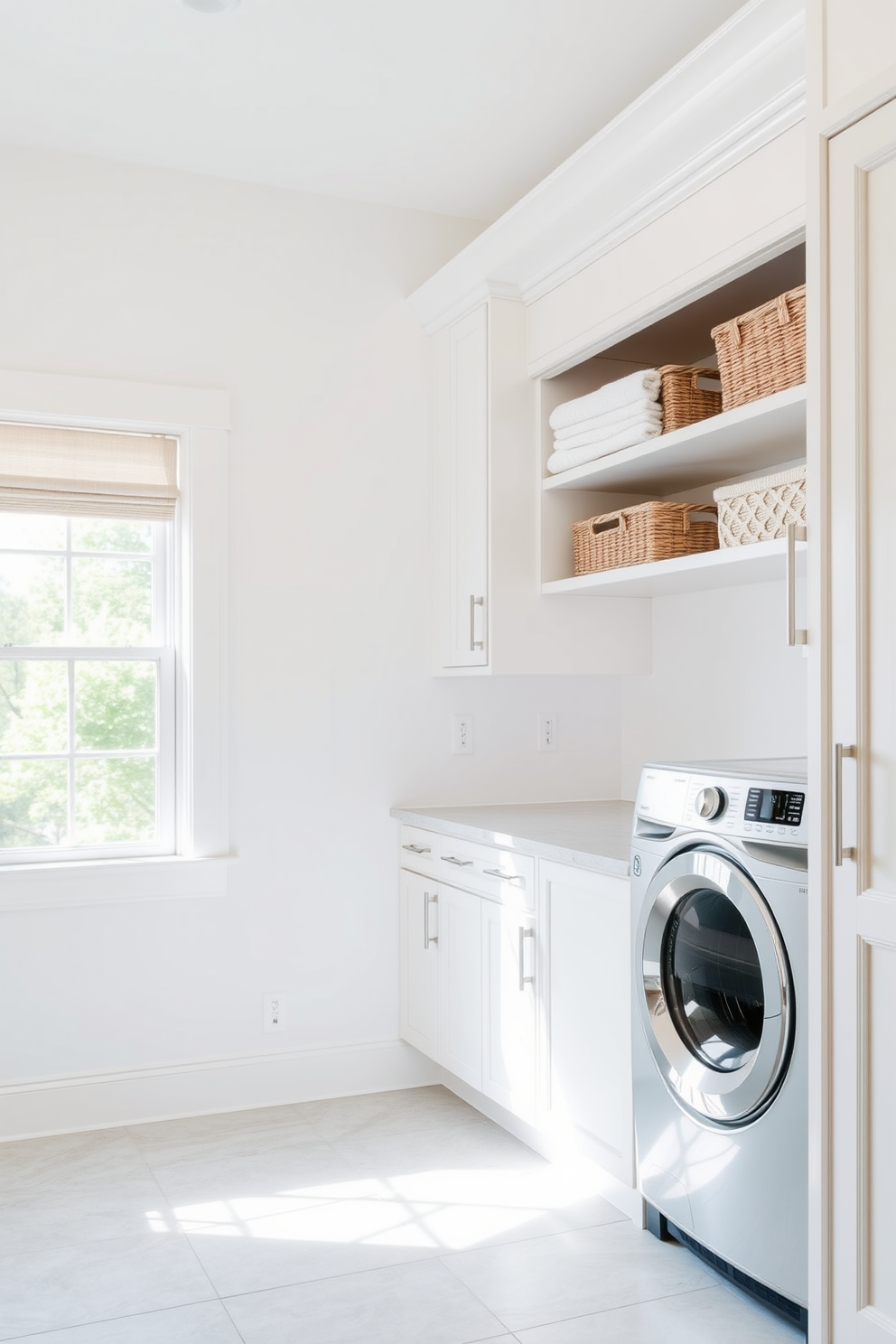 A bright and airy laundry room features a large window that allows natural light to flood the space. The walls are painted in a soft white hue, and the floor is adorned with light gray tiles for a clean look. To the right, a stacked washer and dryer are neatly integrated into custom cabinetry. Open shelves above the appliances hold neatly folded towels and decorative baskets for storage.