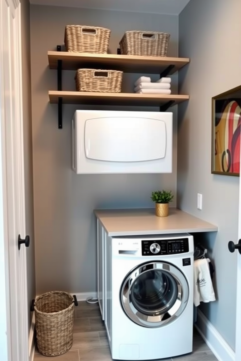 A compact laundry room designed for tight spaces features a stacked washer and dryer unit that maximizes vertical storage. The walls are painted in a light gray color, and shelves above the appliances hold laundry essentials and decorative baskets. A slim countertop extends beside the stacked units, providing space for folding clothes. A small potted plant adds a touch of greenery, while a stylish laundry basket is placed in the corner for easy access.