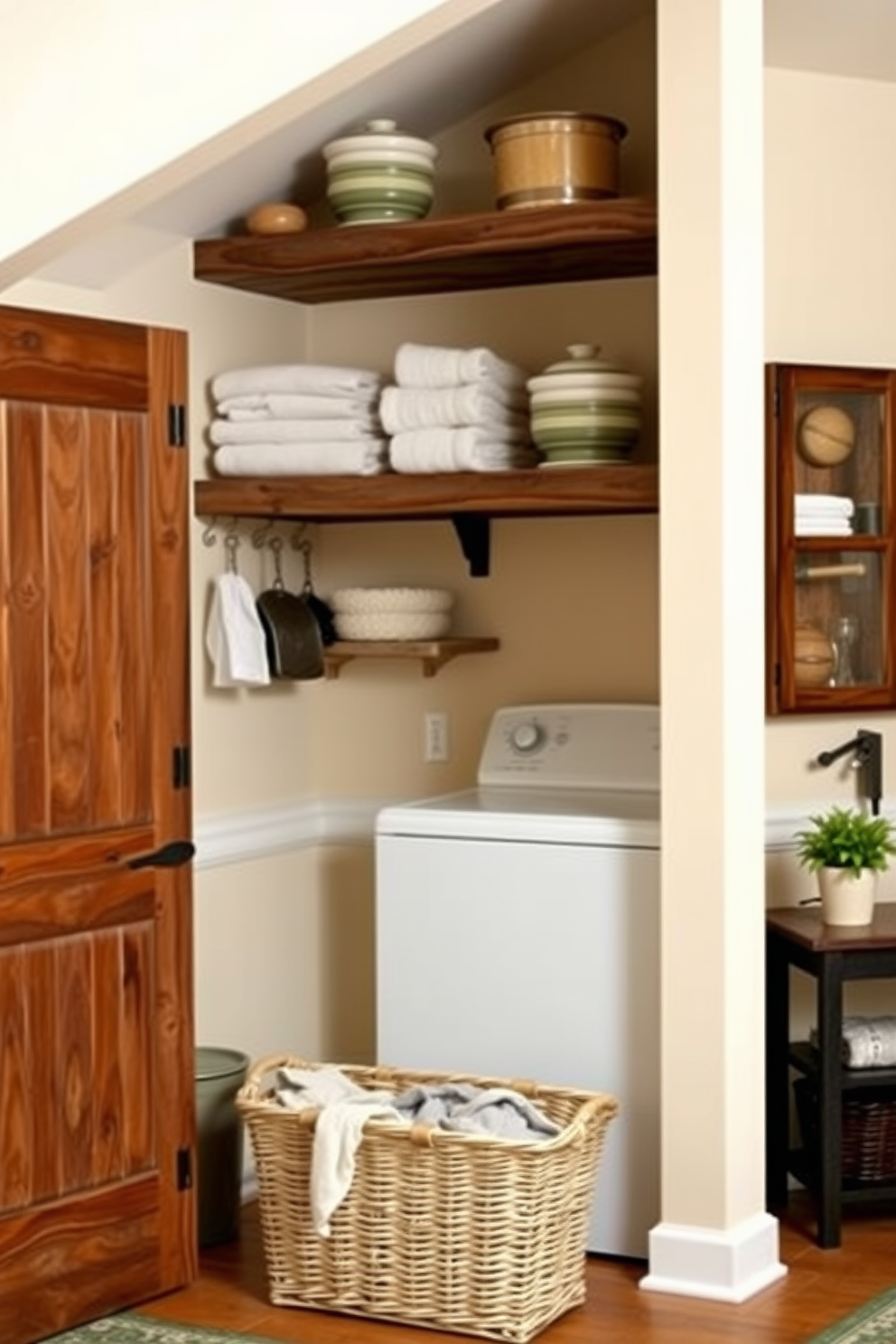 A charming laundry room with a vintage feel. The walls are painted in soft pastel colors, and there are open shelves made of reclaimed wood displaying neatly folded towels and vintage laundry accessories. A stacked washer and dryer are tucked into a cozy nook, framed by a rustic wooden cabinet that provides additional storage. A wicker basket sits on the floor, filled with freshly laundered clothes, and a small potted plant adds a touch of greenery to the space.