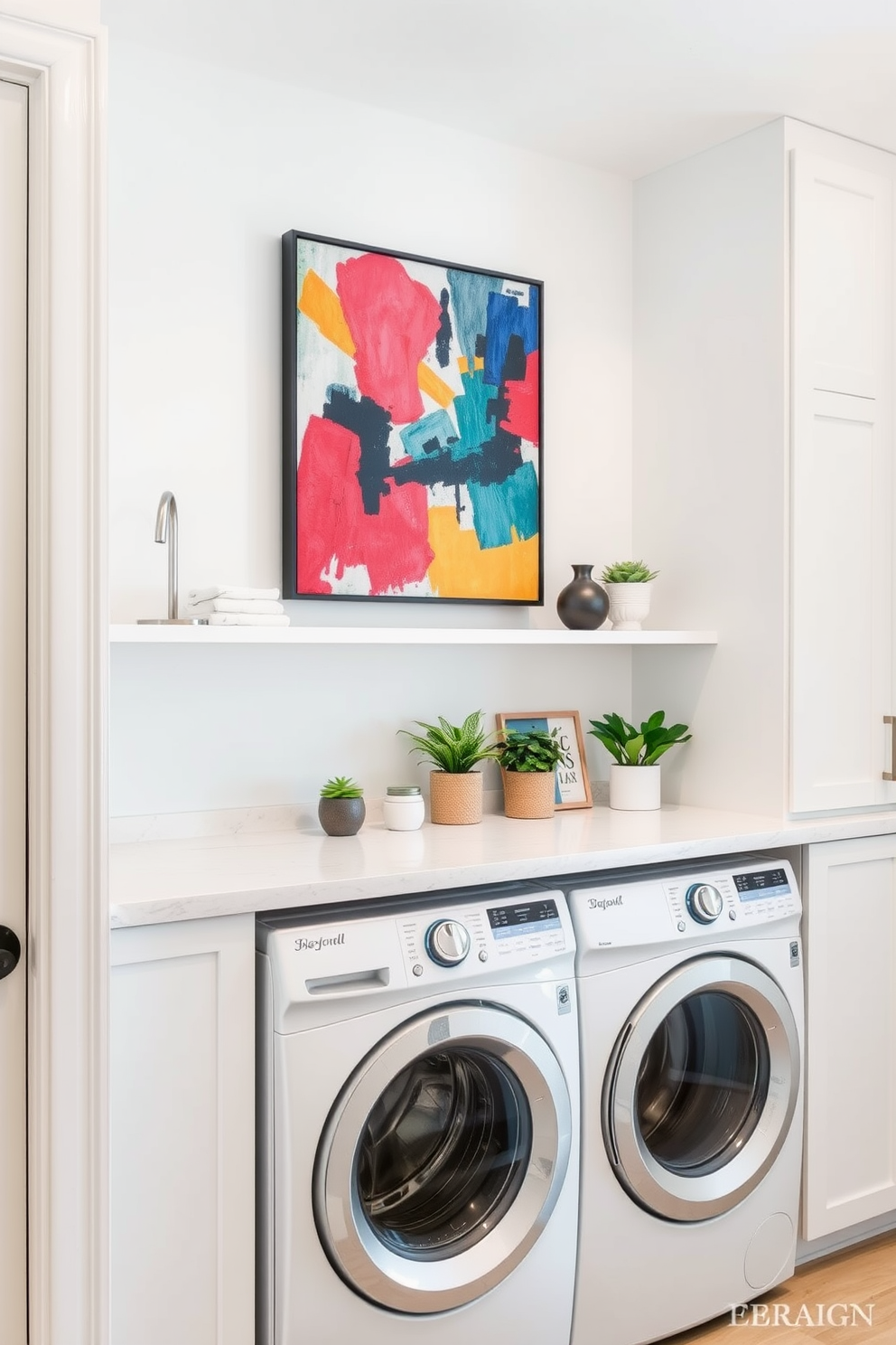 Creative wall art to personalize space. A vibrant abstract painting hangs above a sleek, modern shelf filled with decorative items and plants. Laundry Room with Stacked Washer Dryer Design Ideas. The space features a stylish stacked washer and dryer unit with a countertop above for folding clothes, surrounded by custom cabinetry in a crisp white finish.