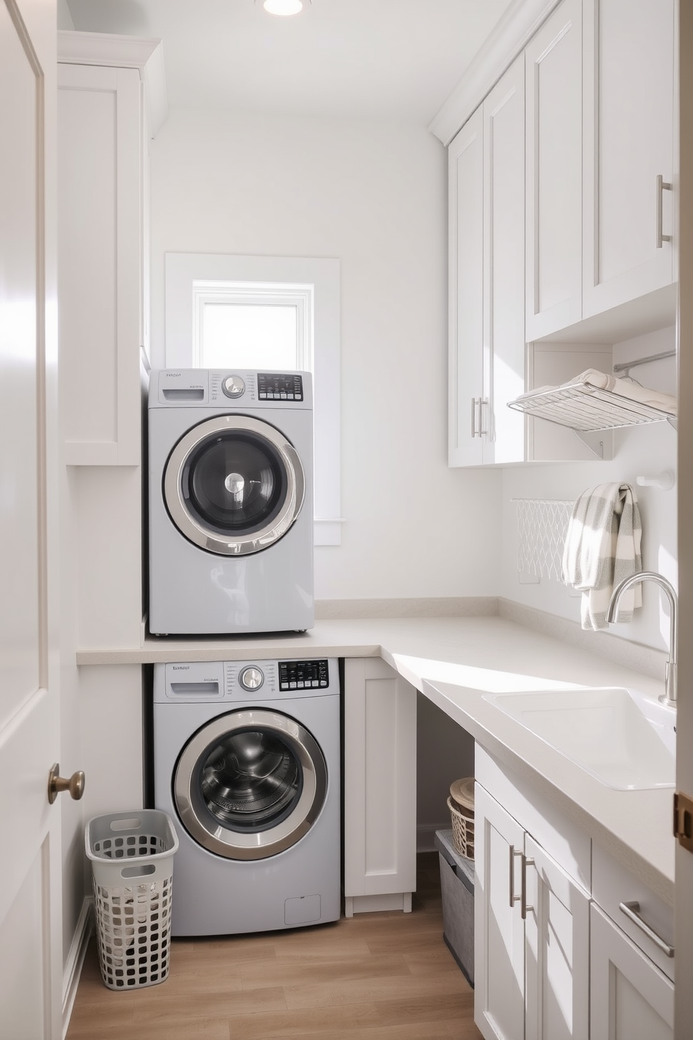 A functional laundry room designed for workflow optimization features a stacked washer and dryer unit positioned in a corner. The layout includes a long countertop for folding clothes, with ample storage cabinets above and below for supplies and linens. Natural light floods the space through a small window above the sink, enhancing the bright color palette of soft whites and light grays. A laundry basket is conveniently placed near the dryer, and a wall-mounted drying rack is installed for delicate items.