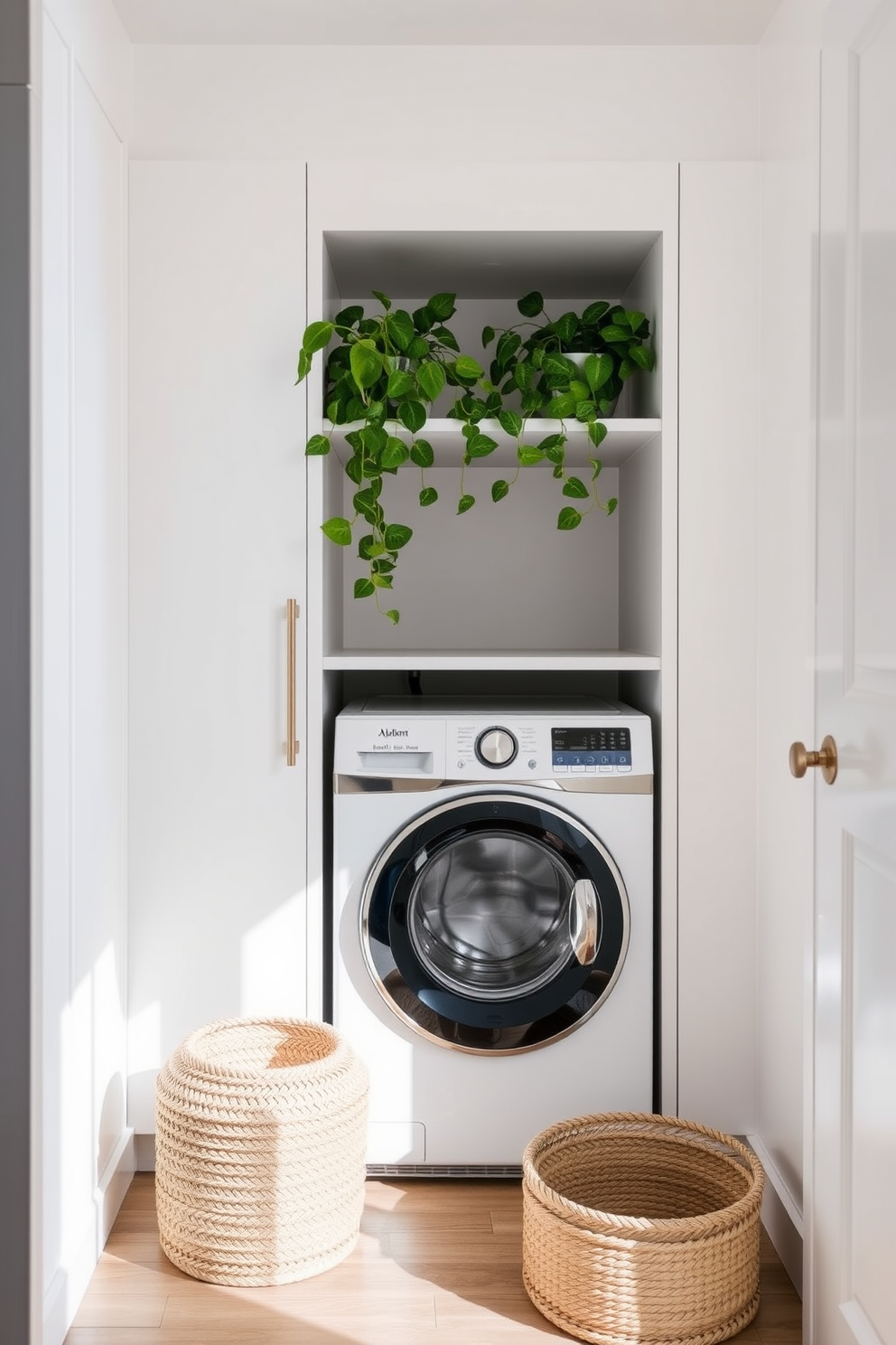 A bright and airy laundry room features a stacked washer and dryer tucked into a sleek cabinetry unit. Lush green plants are placed on the shelves above, adding a fresh and vibrant touch to the space. The walls are painted in a soft white hue, creating a clean backdrop for the modern appliances. A woven basket sits on the floor, providing stylish storage for laundry essentials while enhancing the natural feel of the room.