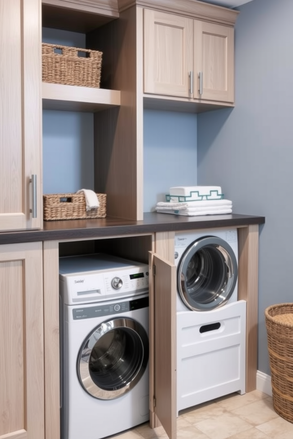 A modern laundry room featuring built-in hampers for efficient laundry sorting. The space includes a stacked washer and dryer, seamlessly integrated into cabinetry with ample storage above. The walls are painted in a soft blue hue, creating a calming atmosphere. A durable countertop extends above the washer and dryer for folding clothes, complemented by stylish baskets for organization.