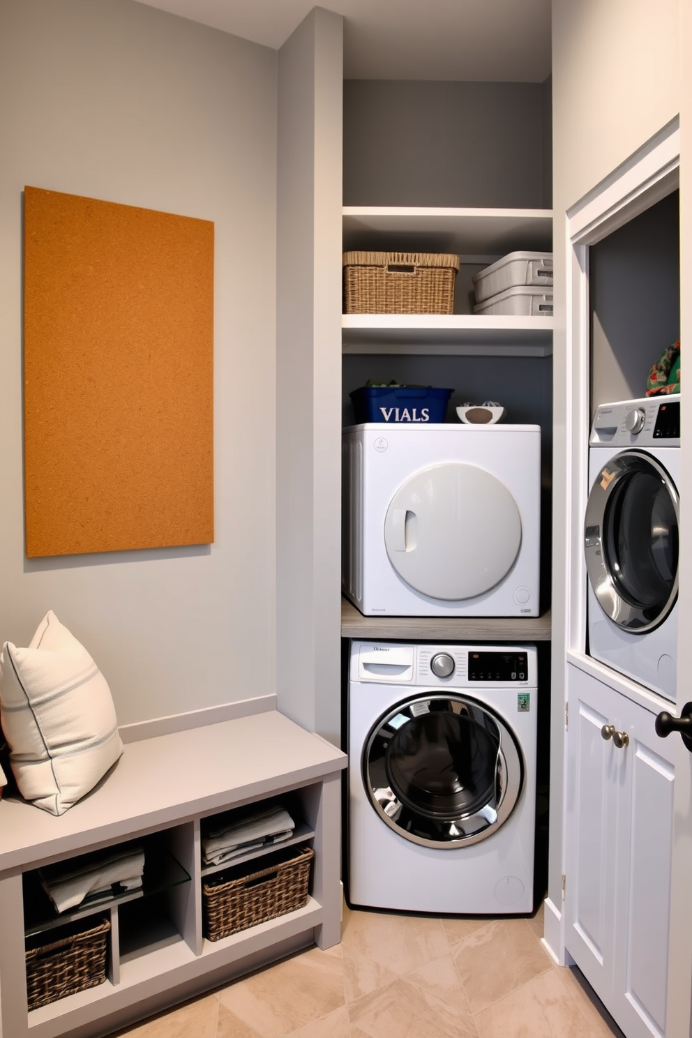 A functional drop zone for everyday items features a built-in bench with storage cubbies underneath. The walls are painted in a soft gray, and a large corkboard is mounted above the bench for organization. The laundry room showcases a stacked washer and dryer neatly tucked into a corner. Open shelving above provides space for laundry essentials, while a small countertop next to the appliances offers convenience for folding clothes.