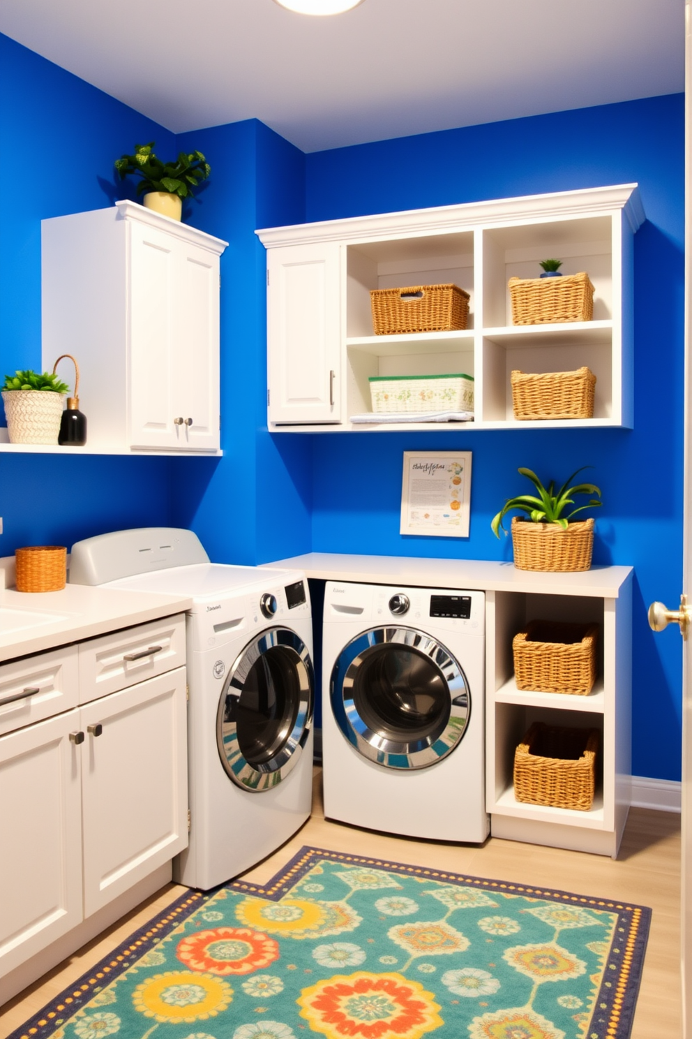 A vibrant laundry room featuring a colorful accent wall painted in bright blue. The space includes a stacked washer and dryer, complemented by open shelving for storage and a cheerful rug on the floor. The cabinetry is painted in a crisp white, providing a fresh contrast to the accent wall. Decorative baskets and plants are arranged on the shelves to add a playful and inviting atmosphere.