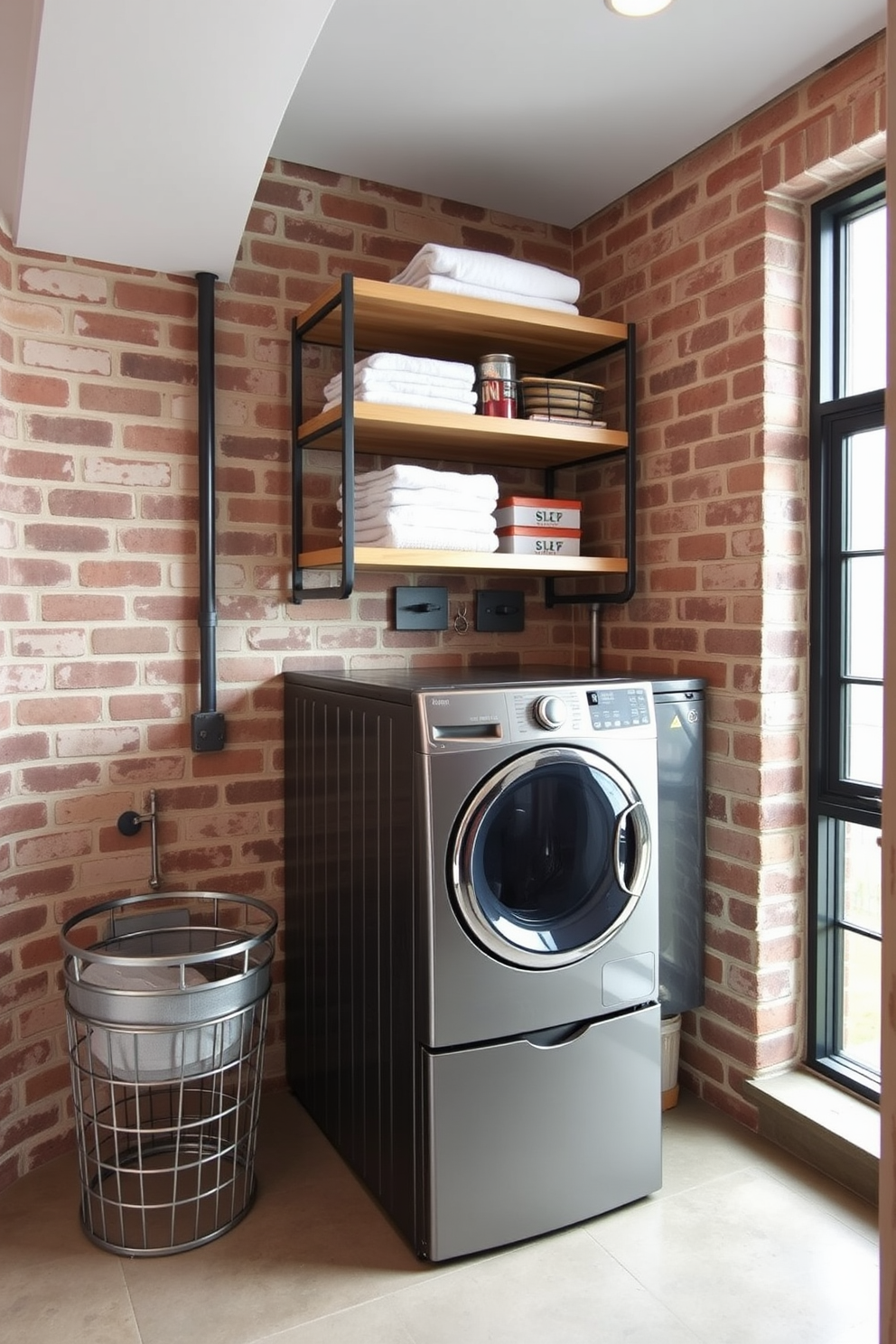 A modern industrial laundry room featuring metal accents and a sleek stacked washer dryer setup. The walls are exposed brick, and the floor is polished concrete, creating a raw yet stylish atmosphere. Above the stacked washer dryer, open shelving made of reclaimed wood holds neatly folded towels and laundry supplies. A metal laundry basket sits in the corner, while a large window allows natural light to brighten the space.