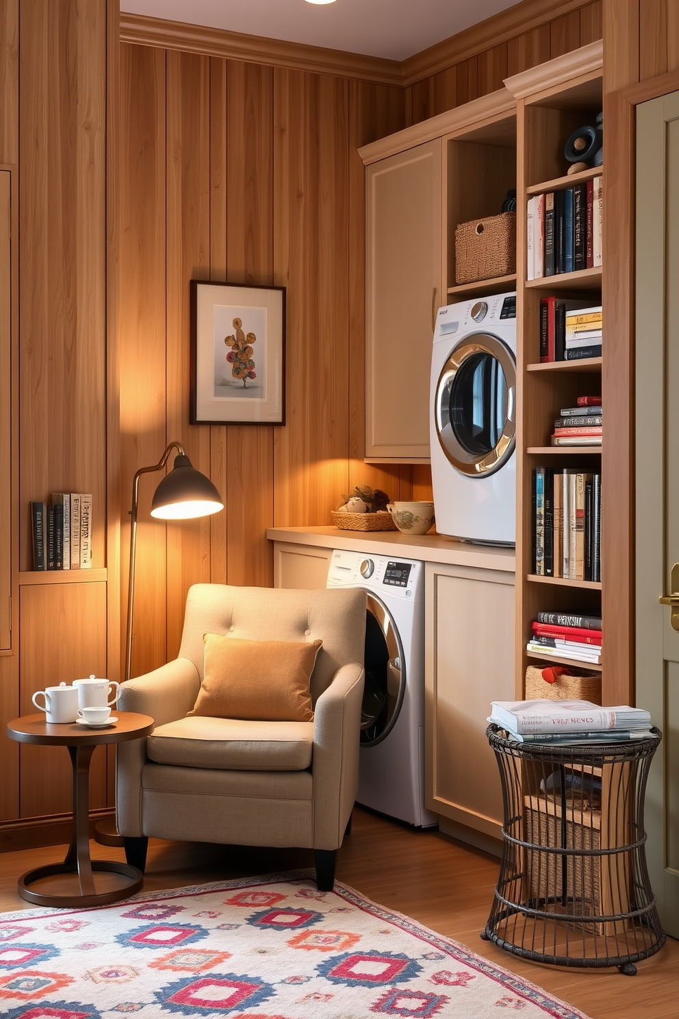 Cozy nook with natural wood finishes. A plush armchair is nestled in the corner, surrounded by tall bookshelves filled with books and decorative items. The walls are adorned with warm wood paneling, creating an inviting atmosphere. Soft lighting from a nearby floor lamp enhances the cozy feel, and a small side table holds a steaming cup of tea. Laundry room with stacked washer dryer design ideas. The space features sleek cabinetry in a light color, providing ample storage for laundry essentials. A countertop above the stacked appliances offers a convenient folding area, while a colorful rug adds a touch of warmth to the room.