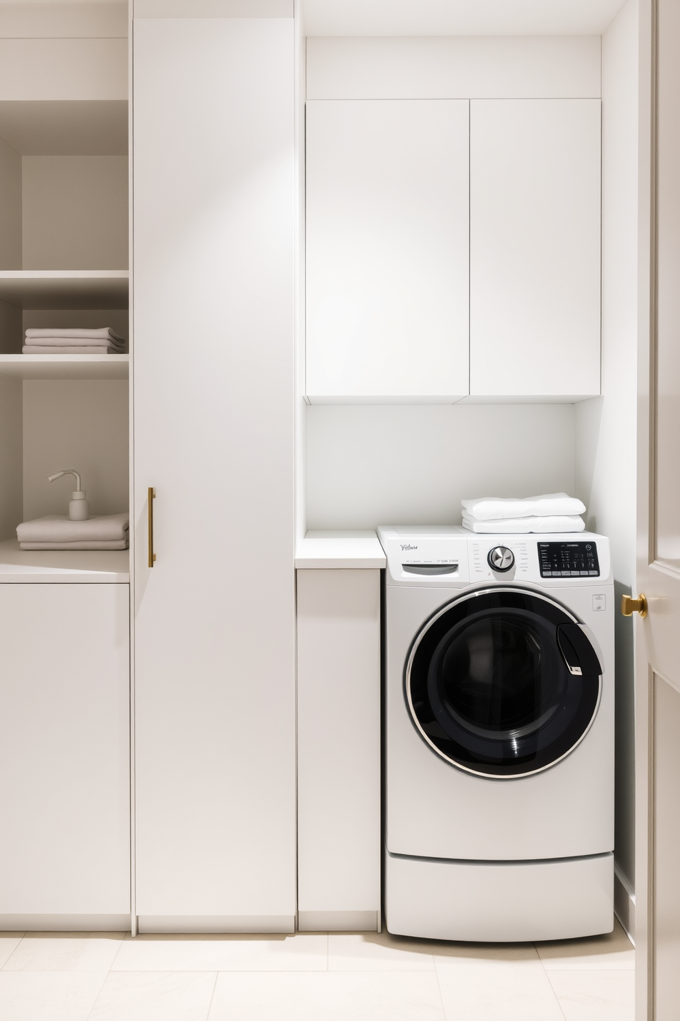 A minimalist laundry room featuring sleek lines and a clean aesthetic. The space includes a stacked washer and dryer with a seamless cabinetry design that blends into the walls. The color palette consists of soft whites and light grays, creating an airy atmosphere. A simple countertop provides space for folding clothes, while open shelving offers storage for laundry essentials.