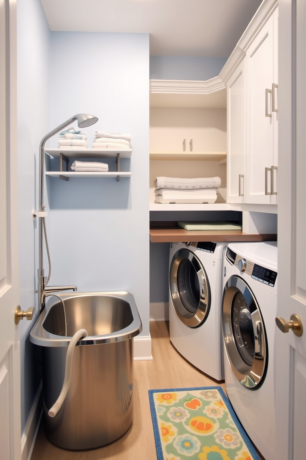 A bright and functional laundry room features a dedicated pet washing station complete with a stainless steel tub and a handheld showerhead. The walls are painted in a soft blue hue, and there are open shelves above the station for storing pet supplies and towels. The laundry area includes a stacked washer and dryer for efficient use of space, surrounded by sleek cabinetry for storage. A countertop above the machines provides a convenient folding area, while a cheerful rug adds warmth to the room.