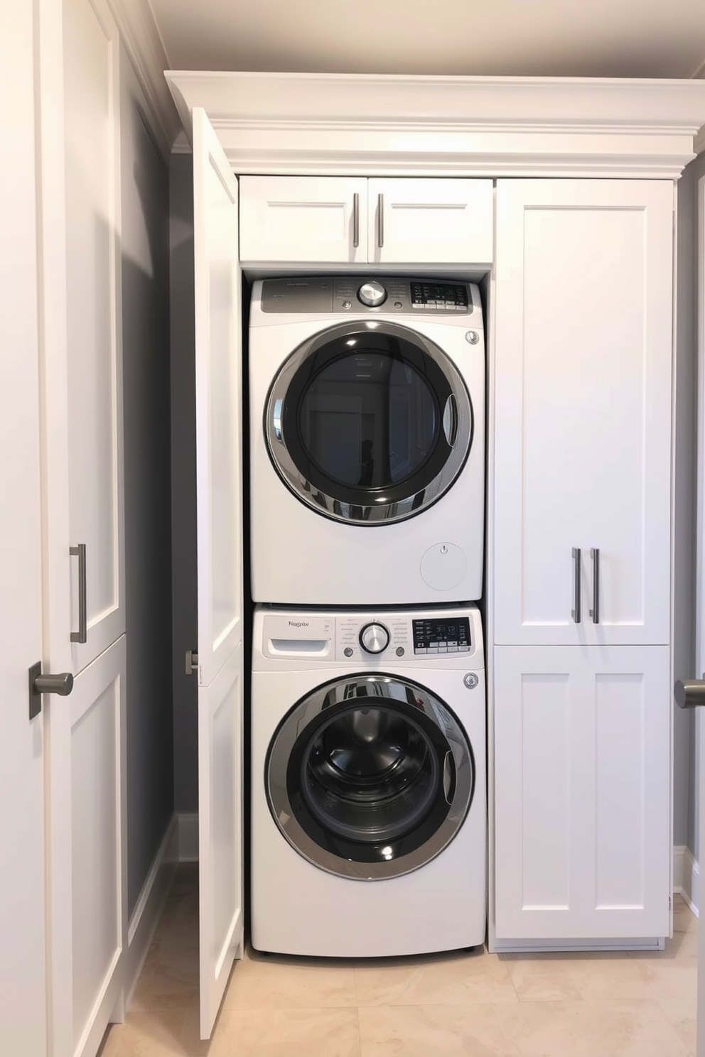 A stylish laundry room featuring a hidden washer and dryer behind sleek cabinet doors. The cabinets are finished in a soft white hue, blending seamlessly with the light gray walls and providing a clean, modern aesthetic.