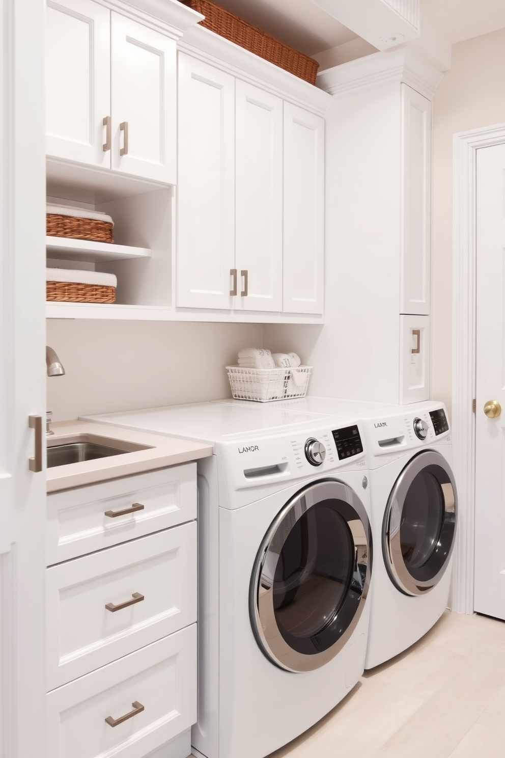 Bright white cabinetry creates a clean and modern aesthetic in the laundry room. The top loading washer is seamlessly integrated into the design, surrounded by ample storage for laundry essentials.