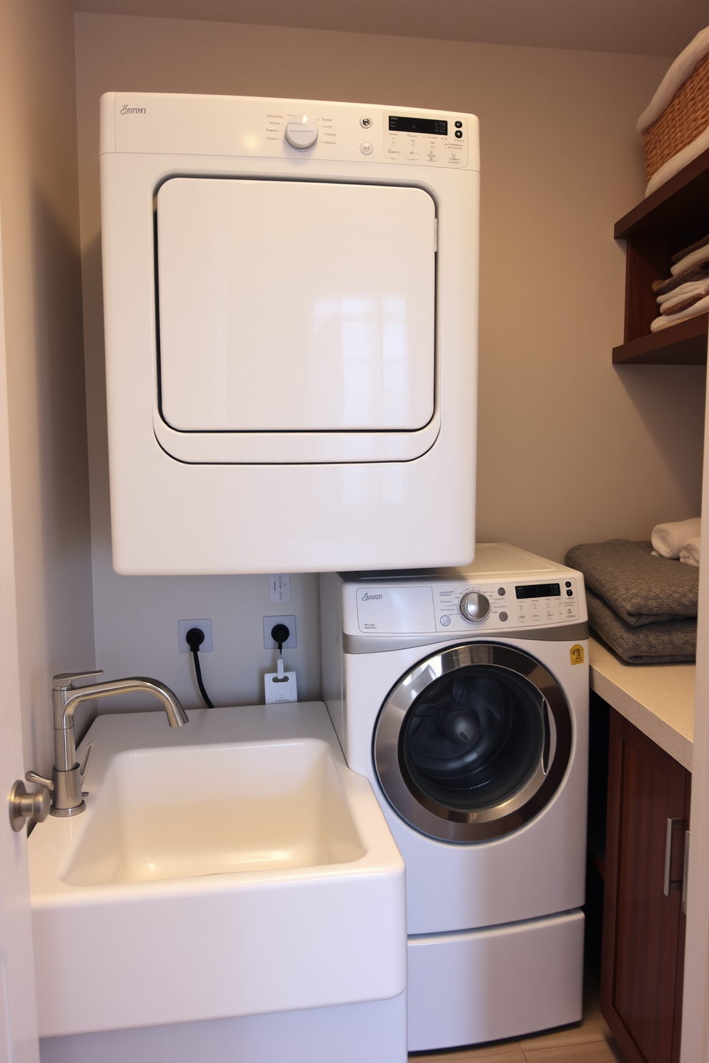 A functional laundry room featuring a deep sink designed for washing. The space includes a top-loading washer with a sleek white finish, positioned next to a countertop for folding clothes.