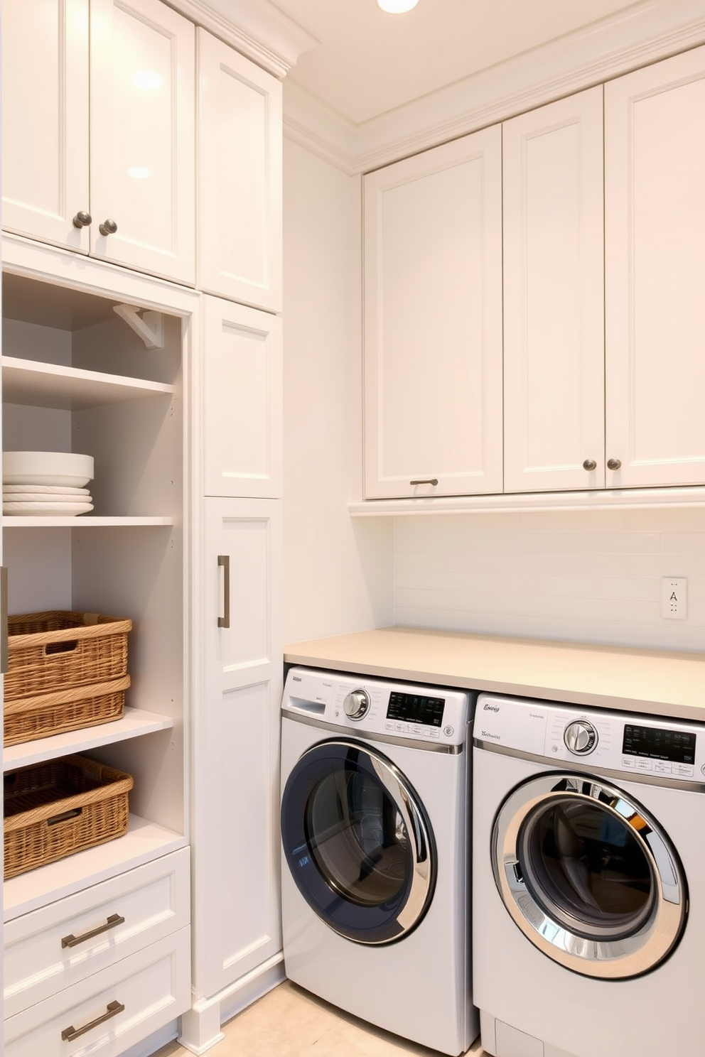 A functional laundry room featuring tall cabinets that reach the ceiling for maximum storage. The design includes a top-loading washer seamlessly integrated into the cabinetry, surrounded by a clean and organized space. Bright white walls enhance the room's openness, while a durable countertop provides a surface for folding laundry. Decorative baskets are placed on the shelves, adding a touch of style and practicality to the overall design.