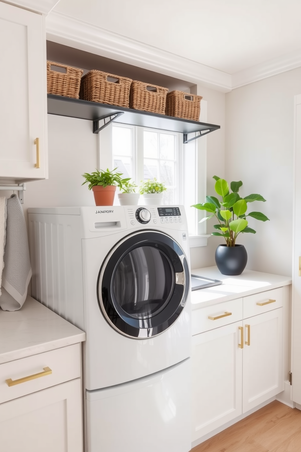 A bright and airy laundry room features a top-loading washer set against a backdrop of soft white cabinetry. Potted plants sit on the windowsill, adding a fresh touch and a splash of greenery to the space. The countertop beside the washer is made of sleek quartz, providing ample space for folding clothes. Above the washer, open shelving displays neatly arranged baskets and a few decorative items for a cozy, organized look.