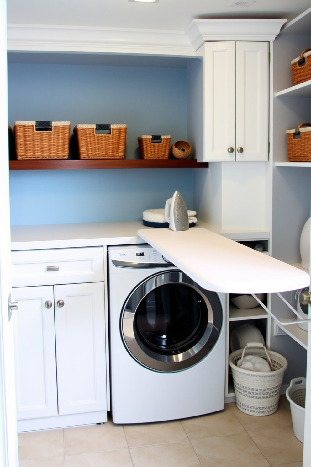 A stylish laundry room featuring a built-in ironing board seamlessly integrated into the cabinetry. The space includes a top loading washer with a sleek design, surrounded by organized storage for laundry essentials. The walls are painted in a soft blue hue, creating a calming atmosphere. A modern countertop above the washer provides ample space for folding clothes, while decorative baskets add a touch of warmth and organization.