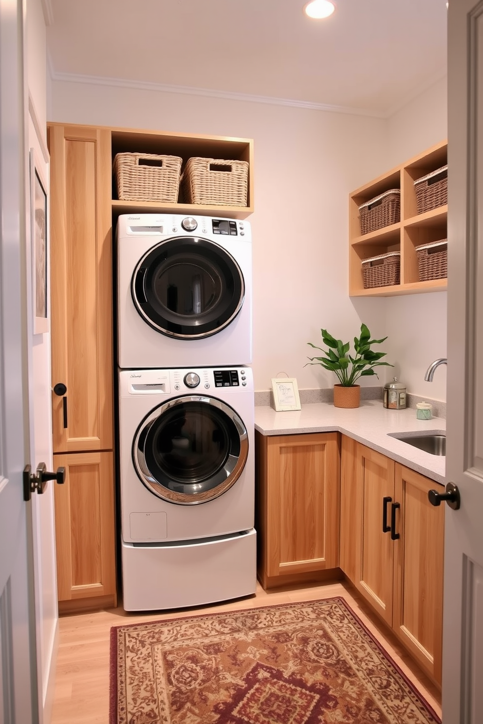 A bright and airy laundry room features a top-loading washer and dryer stacked for optimal space utilization. The walls are painted in a soft white, complemented by light wood cabinetry that provides ample storage for laundry essentials. A large countertop made of quartz offers a convenient folding area, while open shelves above display neatly organized baskets. A stylish rug adds warmth to the space, and a potted plant brings a touch of greenery to the room.