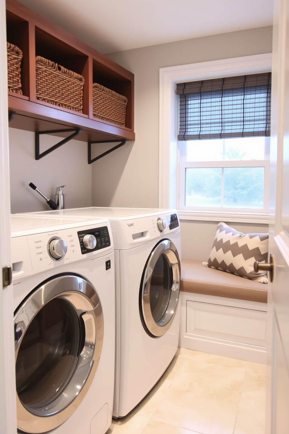 A functional laundry room featuring a top loading washer and dryer set side by side. The room includes a cozy sitting area with a stylish bench upholstered in a soft fabric, providing a comfortable spot for folding clothes.