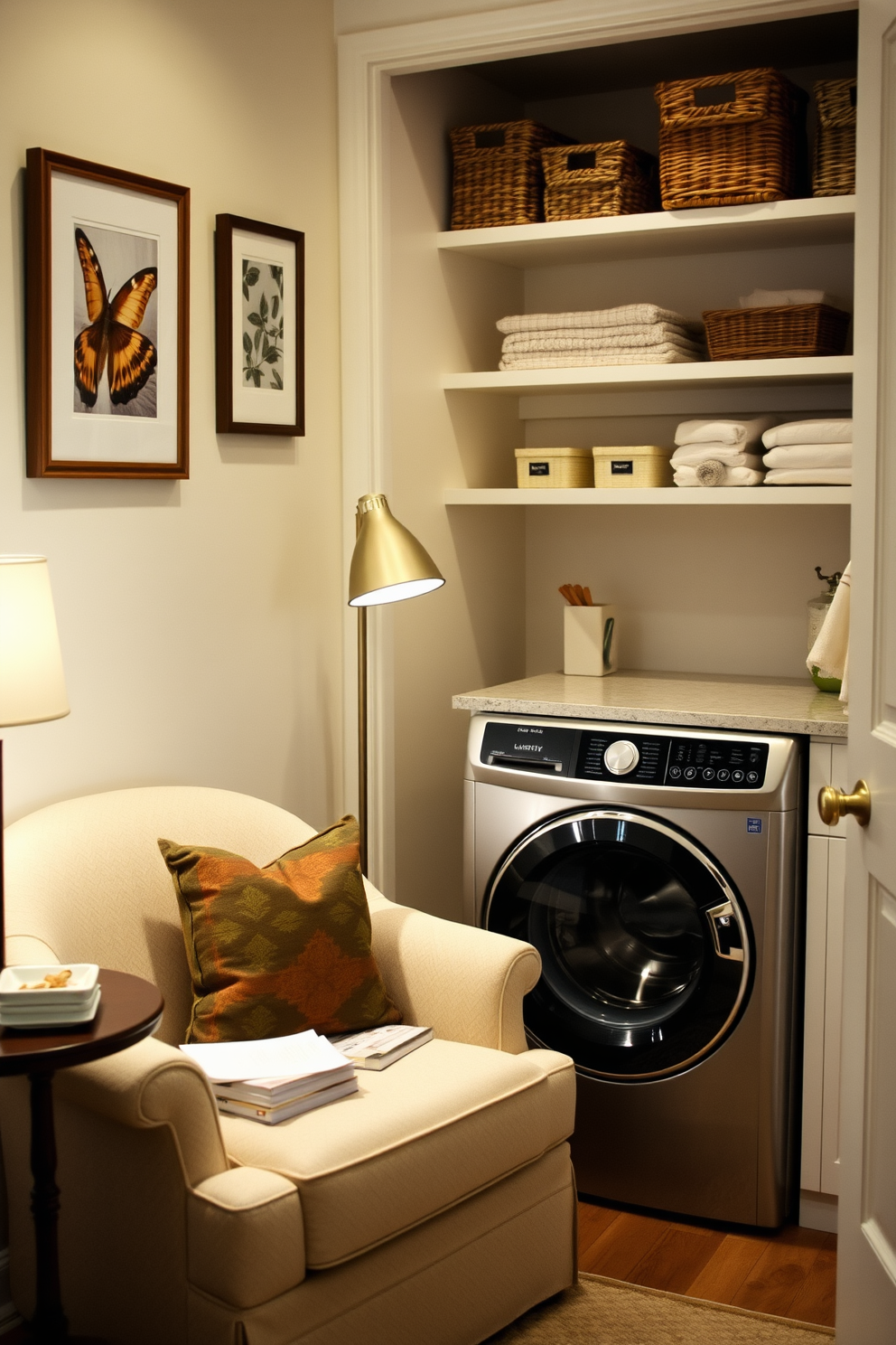 A cozy reading nook adjacent to a laundry room features a plush armchair upholstered in soft, neutral fabric. A small side table holds a stack of books and a warm cup of tea, while a floor lamp provides soft lighting for evening reading. The laundry room showcases a top loading washer with a sleek design, complemented by a countertop for folding clothes. Shelves above the washer display neatly organized laundry supplies and decorative baskets for added charm.