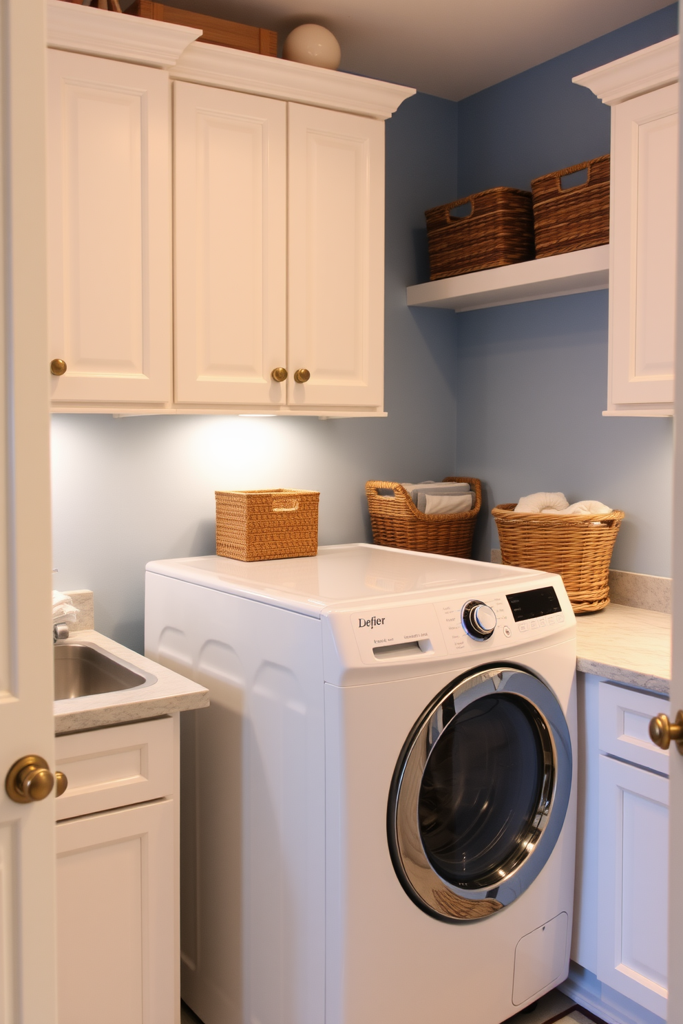 A functional laundry room featuring a top-loading washer with a sleek design. The space is illuminated by warm under-cabinet lighting that creates a cozy atmosphere. The walls are painted in a soft blue hue, complementing the white cabinetry. A stylish countertop provides ample space for folding laundry, while decorative baskets add a touch of organization.