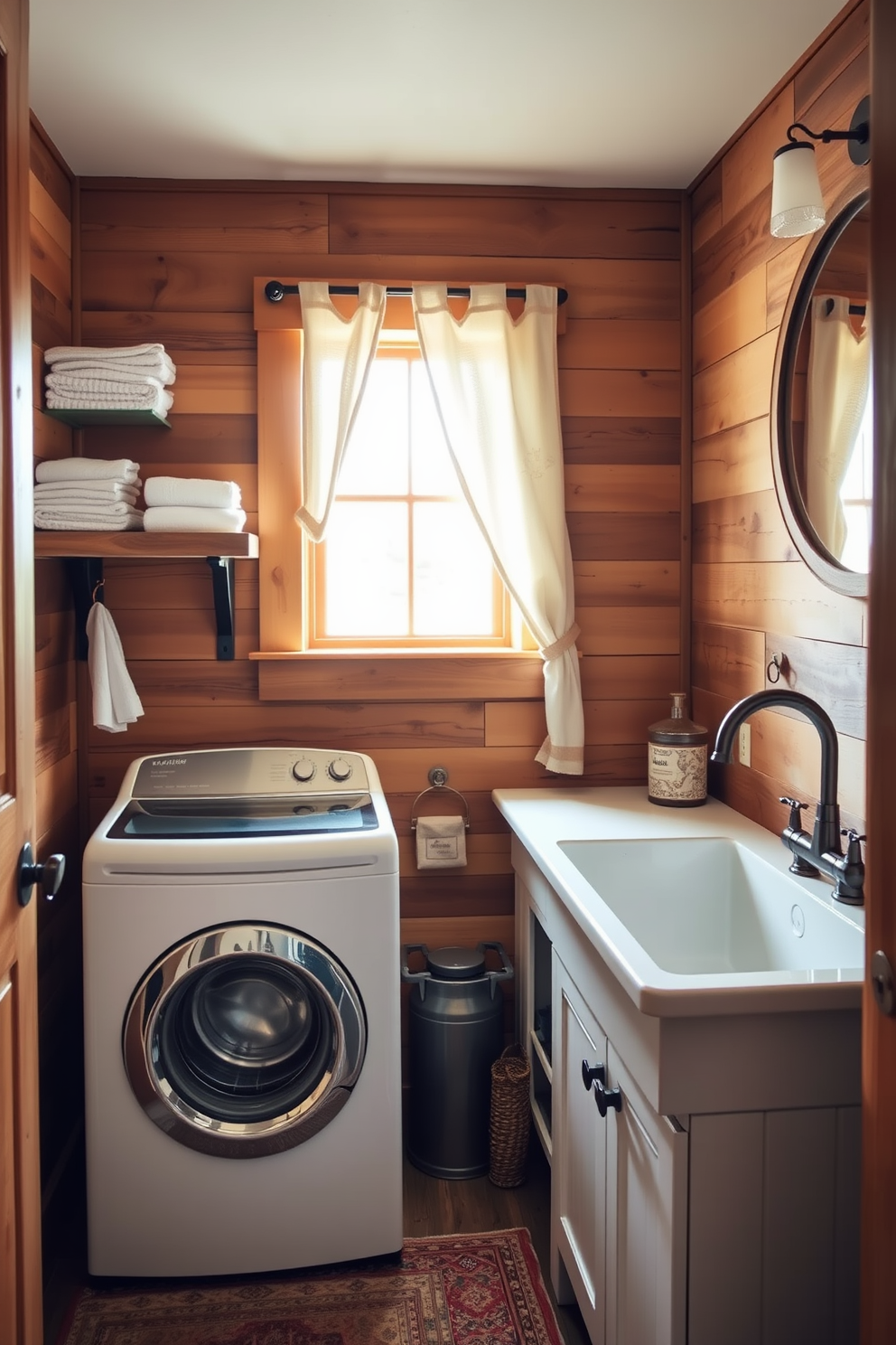 A rustic laundry room featuring a top loading washer surrounded by warm wood accents. The walls are clad in reclaimed wood, and a sturdy wooden shelf holds neatly folded towels and laundry supplies. A large farmhouse sink sits adjacent to the washer, complemented by a vintage-style faucet. Natural light streams in through a small window adorned with a simple linen curtain, creating a cozy and inviting atmosphere.