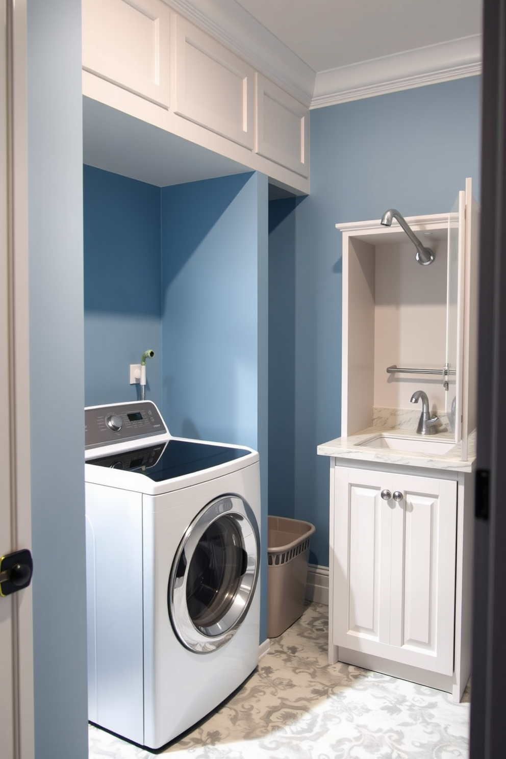 A functional laundry room featuring a top loading washer with a sleek design. To the side, a small pet washing station is integrated, complete with a detachable showerhead and a built-in storage cabinet for pet supplies. The walls are painted in a soft blue hue, creating a calming atmosphere. Durable, water-resistant flooring complements the space, while a stylish countertop offers additional workspace for folding laundry.