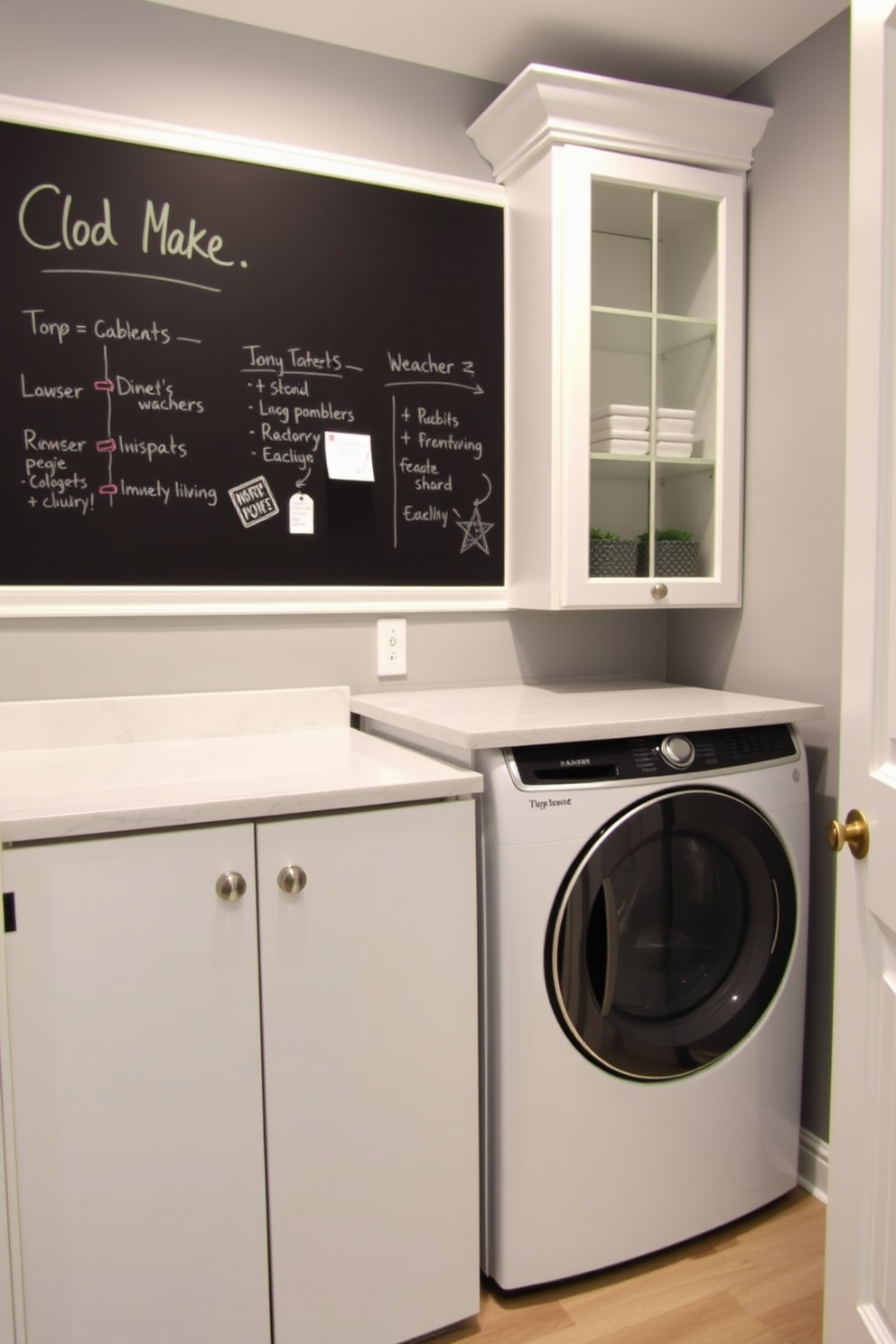 A functional laundry room featuring a top loading washer with a sleek design. The space includes a chalkboard wall for notes and reminders, enhancing organization and creativity. The walls are painted in a soft gray hue, complementing the white cabinetry that provides ample storage. A stylish countertop made of quartz is positioned above the washer, offering a practical space for folding clothes.