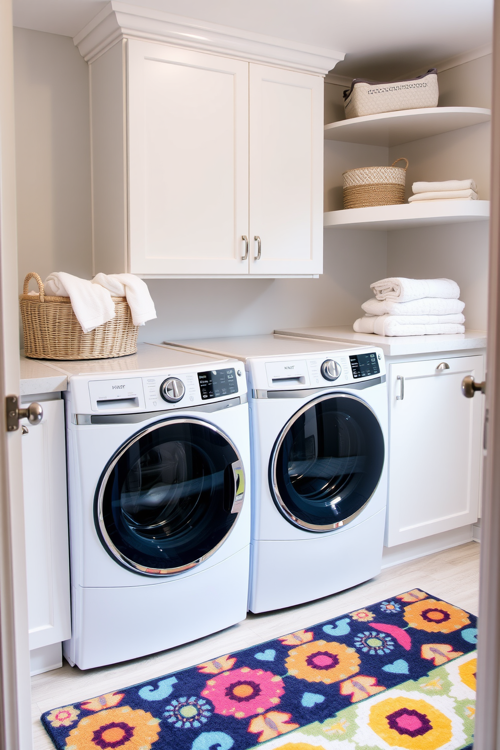 A stylish laundry room featuring a top loading washer is designed for both functionality and comfort. The space is enhanced by a vibrant, fun rug that adds a pop of color and warmth underfoot. Bright white cabinetry provides ample storage, while a sleek countertop offers a convenient folding area. A decorative basket sits on the countertop, filled with fresh towels, adding a touch of organization and charm.