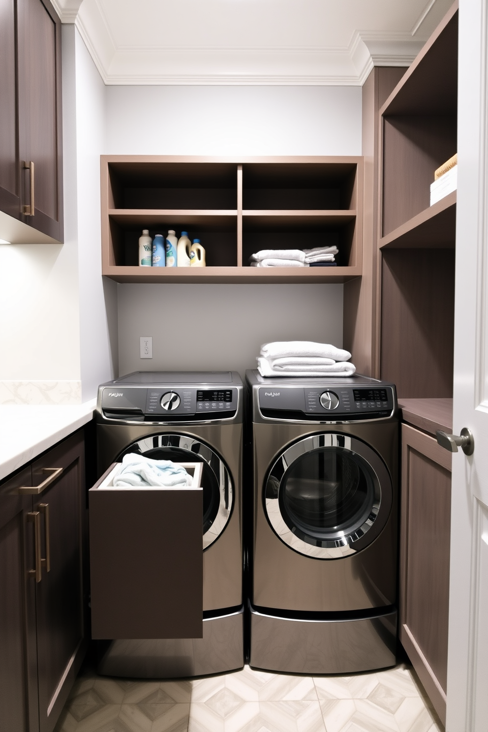 A modern laundry room featuring a top-loading washer is designed with a sleek countertop for folding clothes. The space includes a pull-out trash bin integrated into the cabinetry for convenient disposal of lint and waste. The walls are painted in a light gray, creating a clean and airy atmosphere. Open shelving above the washer provides storage for detergents and other laundry essentials, enhancing both functionality and style.