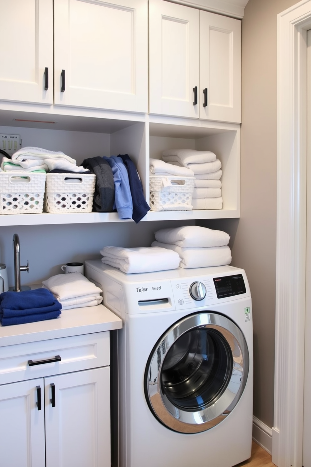 A functional laundry room features open bins for easy sorting of clothes and linens. The top loading washer is seamlessly integrated into a sleek countertop, providing ample space for folding laundry.