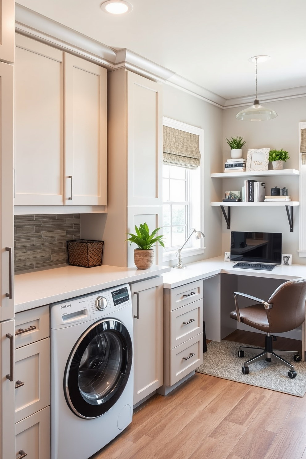 Create a multi-functional space that combines an office and laundry room seamlessly. The room features a top-loading washer integrated into a stylish cabinetry system with ample storage for office supplies and laundry essentials. The office area includes a sleek desk with a comfortable chair, positioned near a window for natural light. The walls are painted in a soft neutral tone, and decorative shelving displays plants and books, adding a touch of personality to the space.