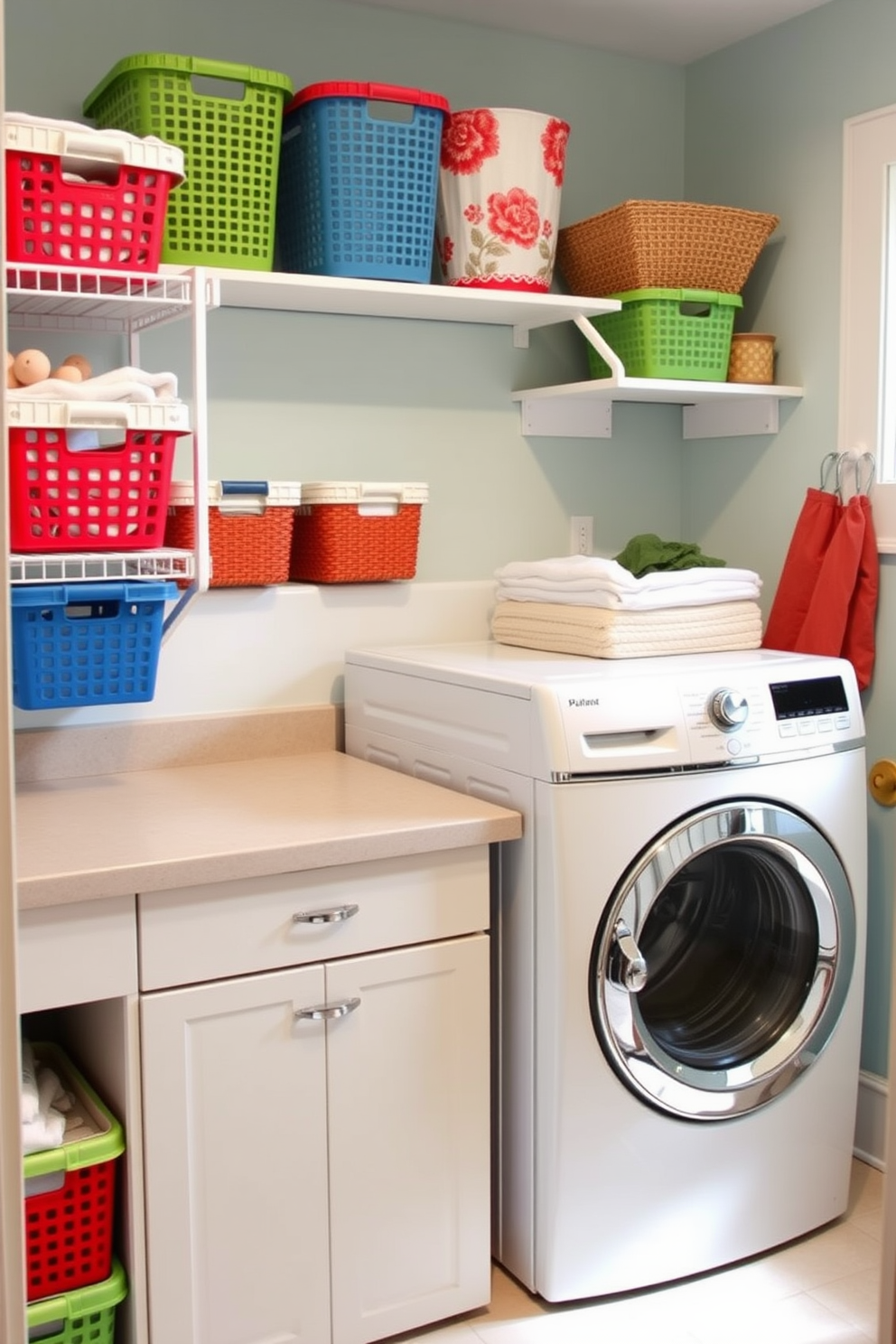 A bright and cheerful laundry room features colorful baskets for organizing laundry. The space includes a top-loading washer surrounded by a countertop for folding clothes and a wall-mounted shelf for additional storage.