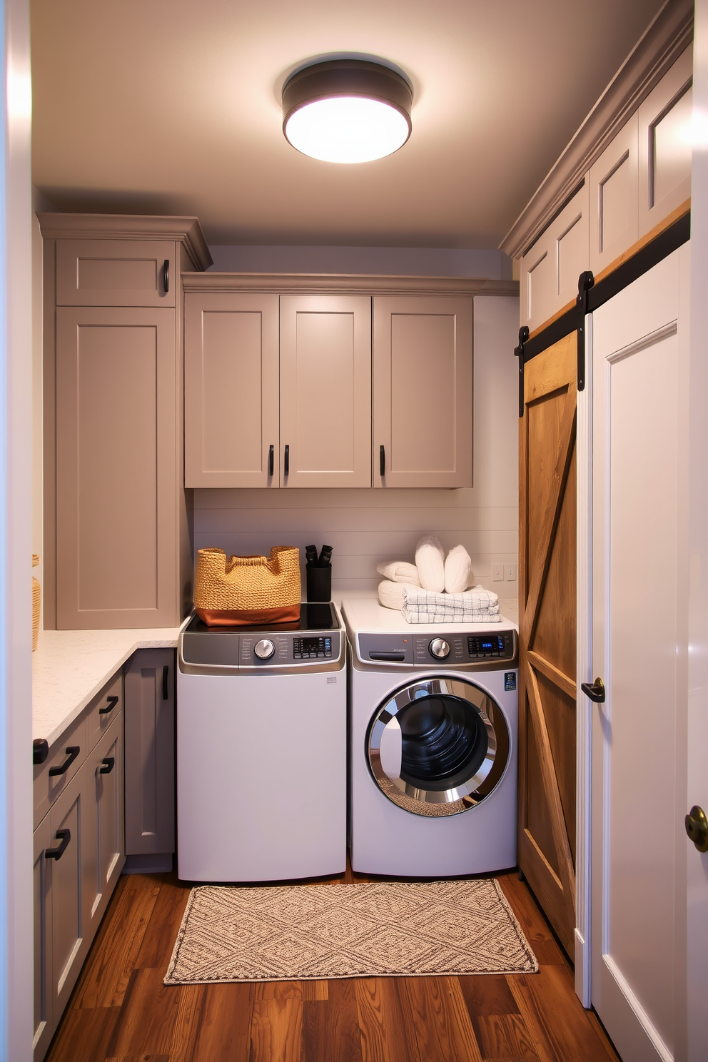 A stylish laundry room featuring a sliding barn door that adds a rustic charm to the space. The room includes a top loading washer surrounded by ample storage cabinets and a countertop for folding clothes.