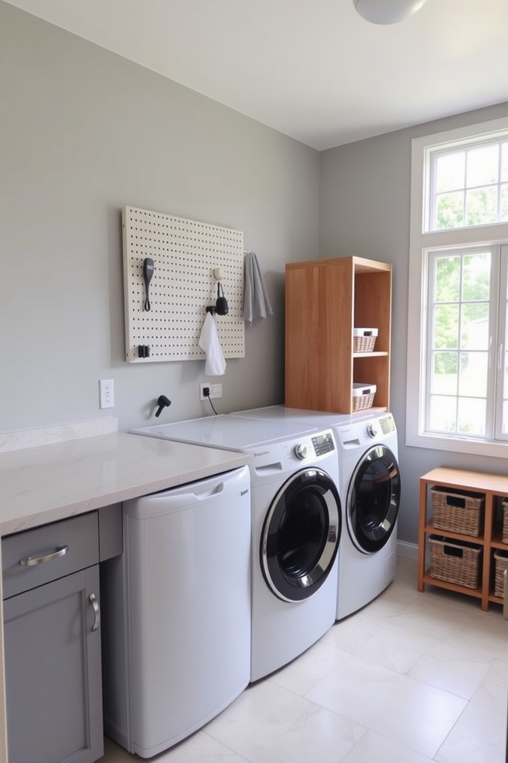 A functional laundry room featuring a top loading washer and a spacious countertop for folding clothes. The walls are painted in a light gray, and a pegboard is installed above the countertop for easy access to laundry essentials. To the right of the washer, there is a wooden shelving unit for storage, adorned with neatly organized baskets. A large window allows natural light to flood the space, creating a bright and inviting atmosphere.