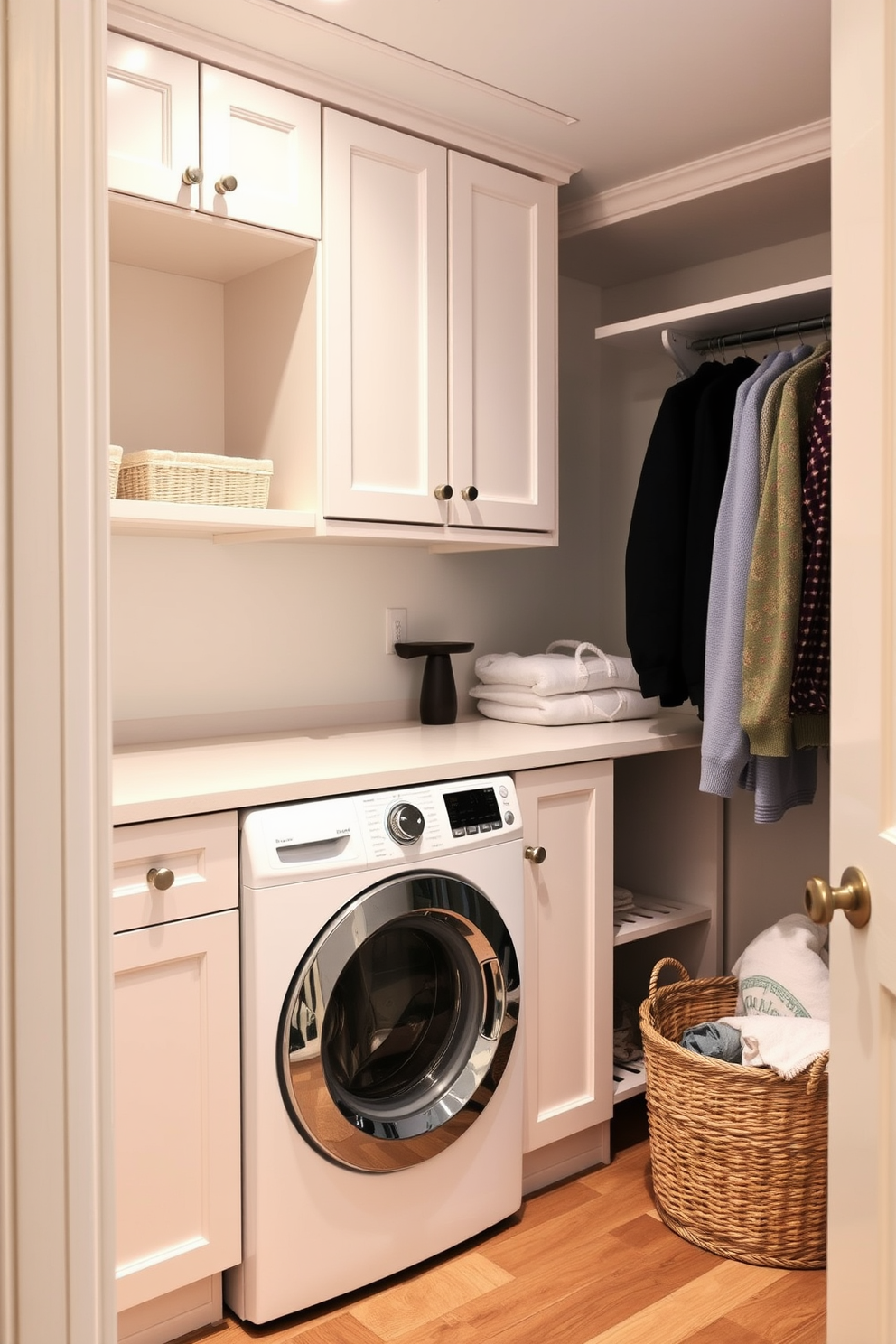 Create a cozy laundry nook within a spacious closet. The design features a top-loading washer seamlessly integrated into custom cabinetry, with ample storage above for laundry essentials. To the side, include a small countertop for folding clothes, adorned with a decorative basket for organizing items. Soft, ambient lighting enhances the functionality of the space while maintaining a warm and inviting atmosphere.