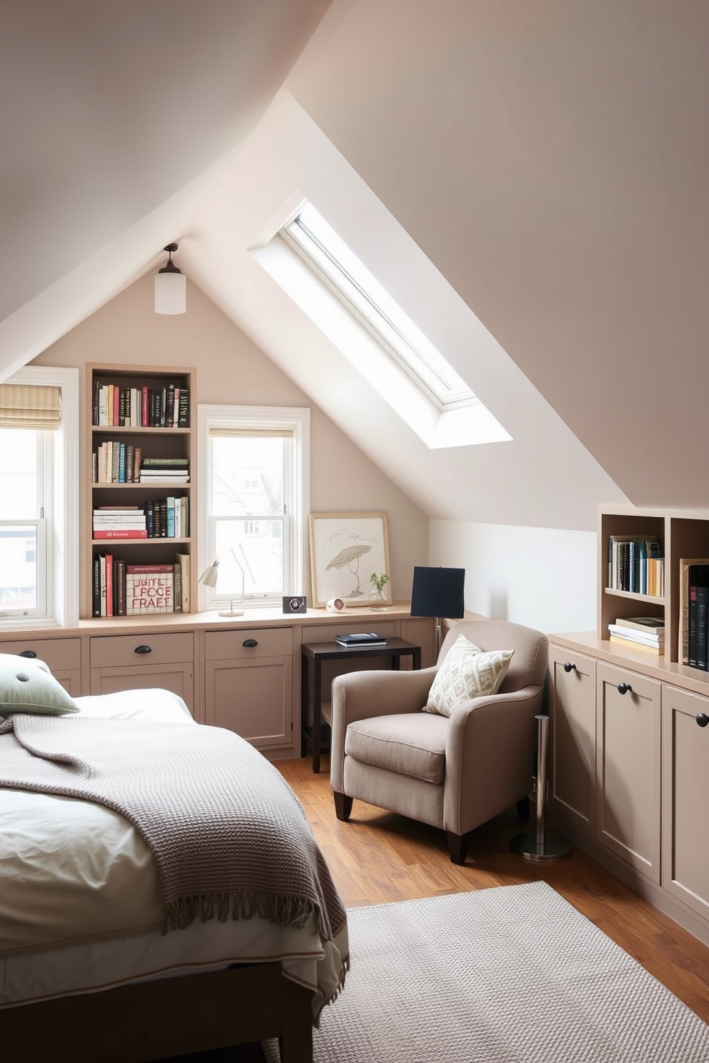 Cozy reading nook with built-in shelves. A plush armchair is positioned next to a large window, inviting natural light to fill the space. The walls are lined with custom-built shelves filled with books and decorative items. Soft throw blankets and a small side table complete the inviting atmosphere. Limited Space Attic Design Ideas. The room features sloped ceilings with strategically placed skylights to enhance brightness. A compact desk is tucked into one corner, while a cozy bed with under-bed storage maximizes functionality.