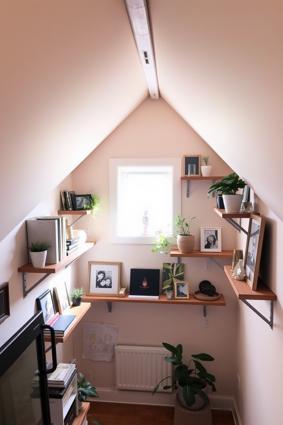 A cozy attic space with sloped ceilings features wall-mounted shelves adorned with decorative items. The shelves hold a mix of books, plants, and art pieces, creating a charming and personalized atmosphere. The color palette consists of soft neutrals and warm wood tones, enhancing the inviting feel of the limited space. Natural light filters in through a small window, illuminating the carefully curated decor and making the area feel open and airy.