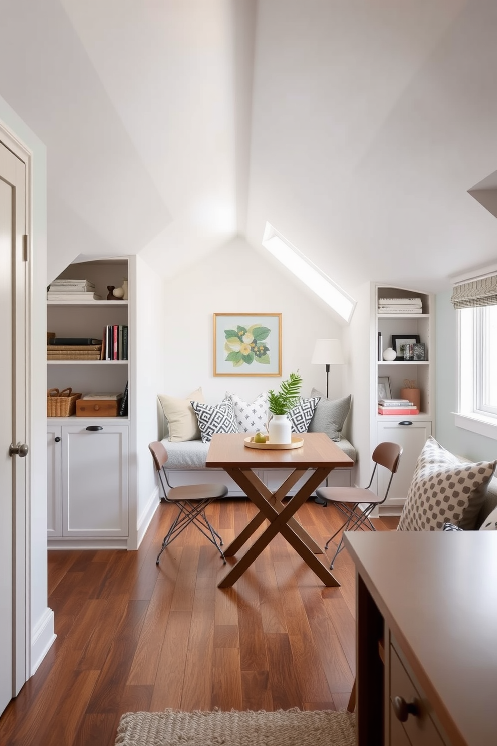 Create an inviting dining area within a limited space using a fold-out table. Surround the table with stylish, compact chairs that can be easily stored away when not in use. In the attic, design a cozy nook that maximizes the sloped ceilings and natural light. Incorporate built-in shelving and soft textiles to create a warm and functional atmosphere.