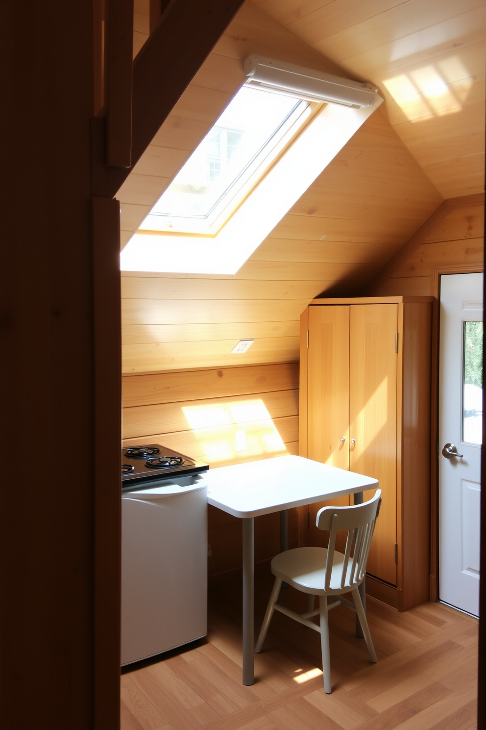 A cozy attic space featuring a small kitchenette area designed for efficiency. The kitchenette includes a compact refrigerator, a two-burner stove, and a small sink, all set against a backdrop of warm wooden cabinetry. Natural light floods the room through a skylight, highlighting the sloped ceilings. A small dining table with two chairs is nestled in the corner, creating an inviting spot for meals.