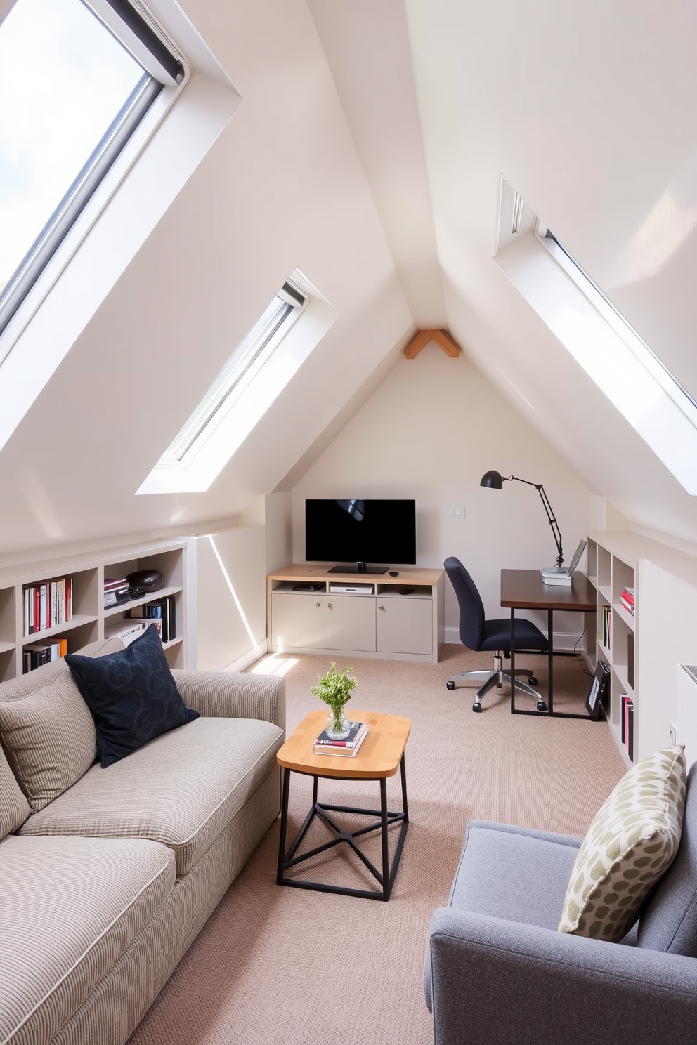 A cozy attic space transformed into a functional living area with skylights providing ample natural light. The design features a comfortable seating area with a plush sofa, a small coffee table, and built-in bookshelves along the sloped walls. The color palette includes soft neutrals to enhance the brightness from the skylights. A small workspace is cleverly integrated into the corner with a stylish desk and a chair, making the most of the limited space.