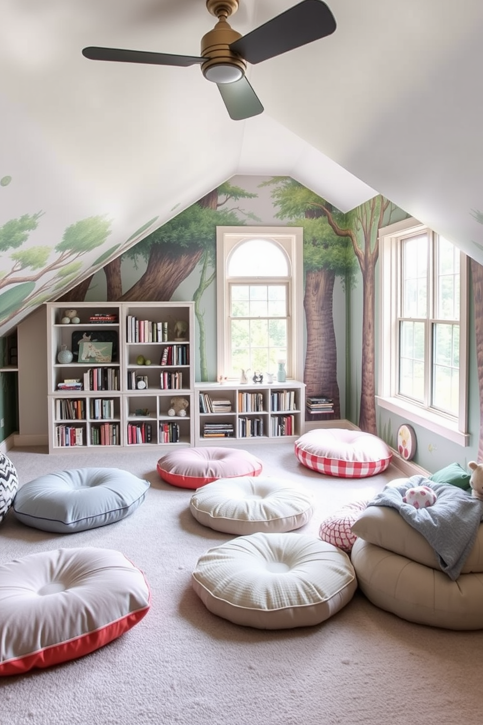 Create a whimsical play area for kids. The space is filled with colorful wall murals depicting a magical forest, and there are soft, plush floor cushions scattered throughout for comfort. Limited Space Attic Design Ideas. The attic features a cozy reading nook with a built-in bookshelf, and large windows allow natural light to flood the area, creating an inviting atmosphere.