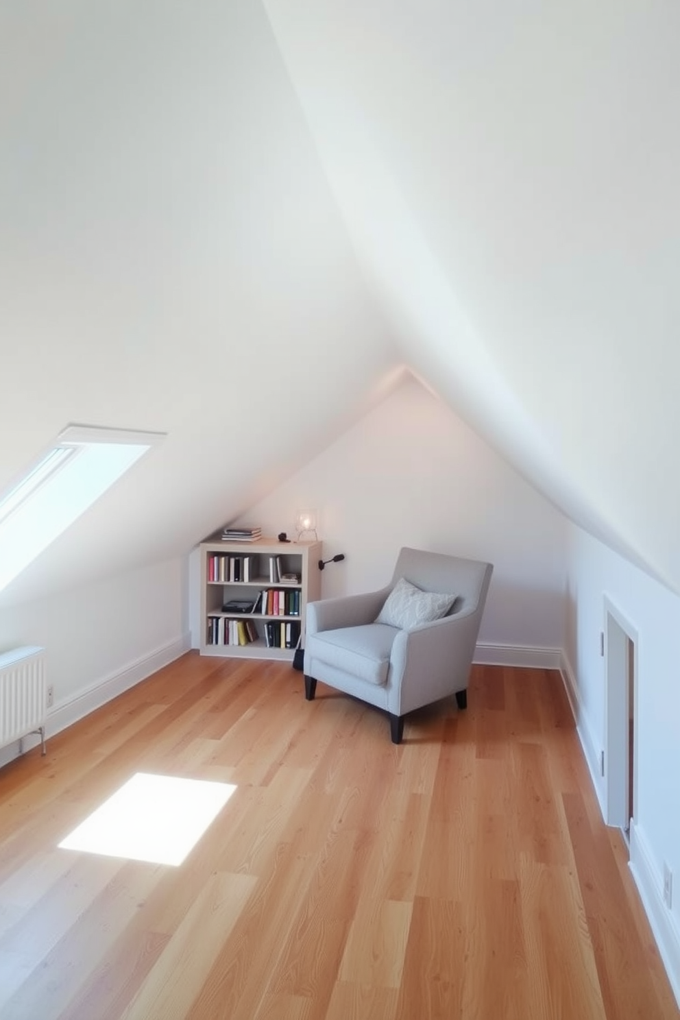 A cozy attic space designed for relaxation. The sloped ceilings are painted in soft white to enhance the natural light and create an airy atmosphere. In one corner, a small reading nook features a plush armchair and a built-in bookshelf. The flooring is a warm wood tone, adding a touch of comfort to the limited space.